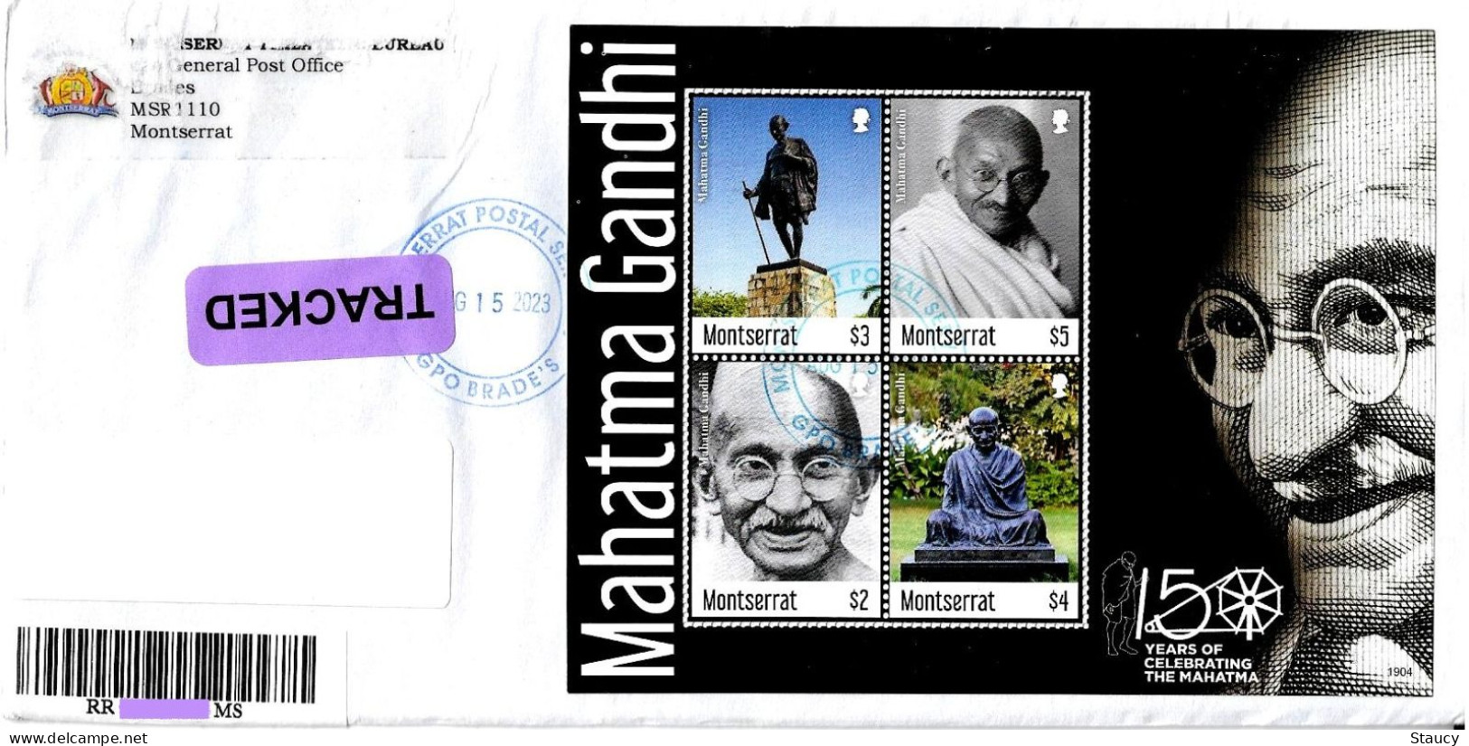 MONTSERRAT MAHATMA GANDHI 150th BIRTH ANNIVERSARY 4v MS REGISTERED TRAVELLED COVER With Tracking As Per Scan - Mahatma Gandhi