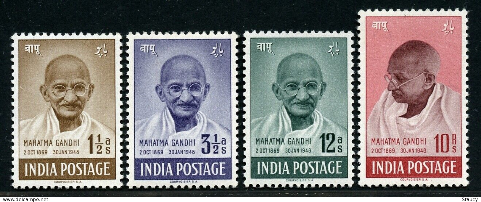 India 1948 Mahatma Gandhi Mourning 4v SET Mounted Mint Gum Disturbed, NICE COLOUR As Per Scan - Mahatma Gandhi