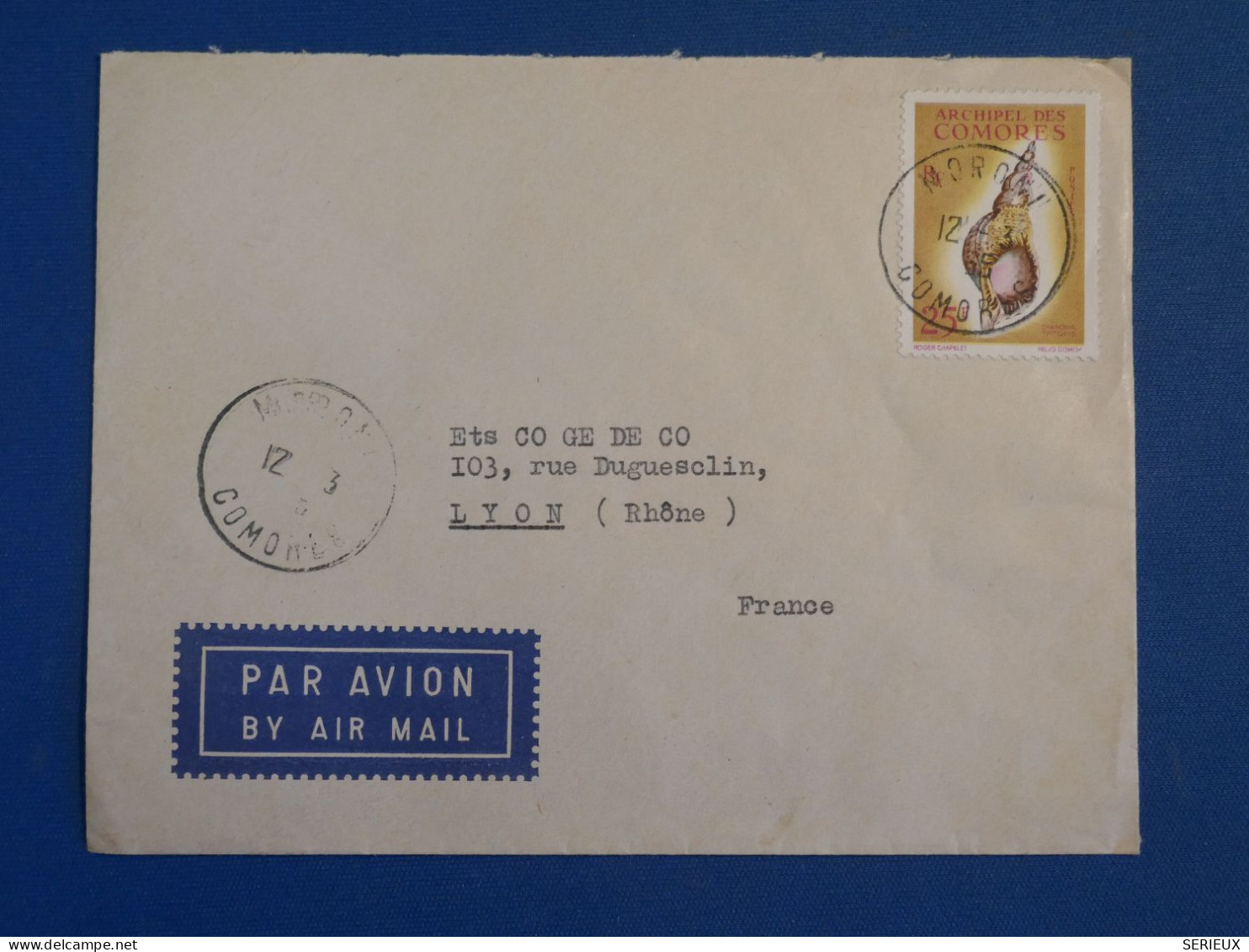 DC2 COMORES   BELLE LETTRE 1966  MORONI A LYON FRANCE +N°24+AFF. INTERESSANT++ - Covers & Documents