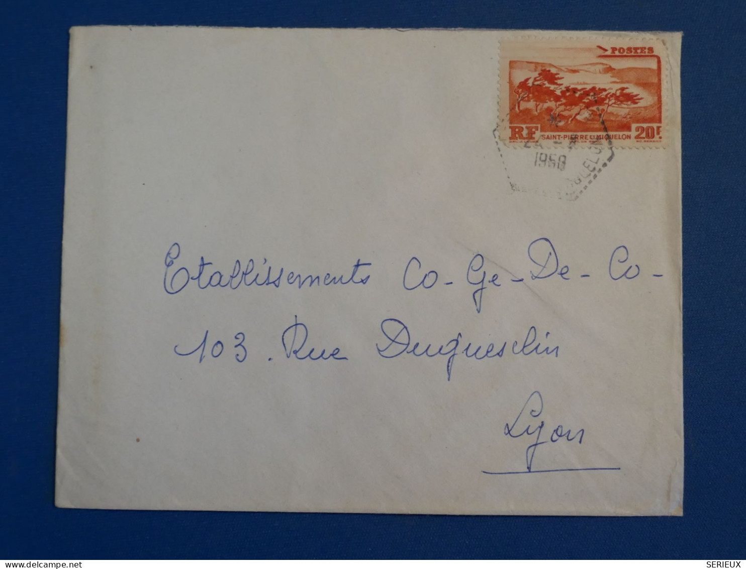 DC2 ST PIERRE  MIQUELON   BELLE LETTRE 1959    A LYON FRANCE +N°342  20F +AFF.HEXAGONAL  INTERESSANT++ - Covers & Documents