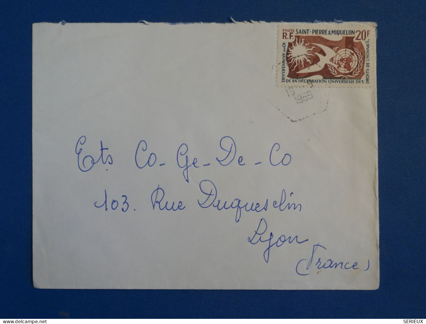 DC2 ST PIERRE  MIQUELON   BELLE LETTRE 1959    A LYON FRANCE +N°358  20F +AFF.HEXAGONAL  INTERESSANT++ - Brieven En Documenten