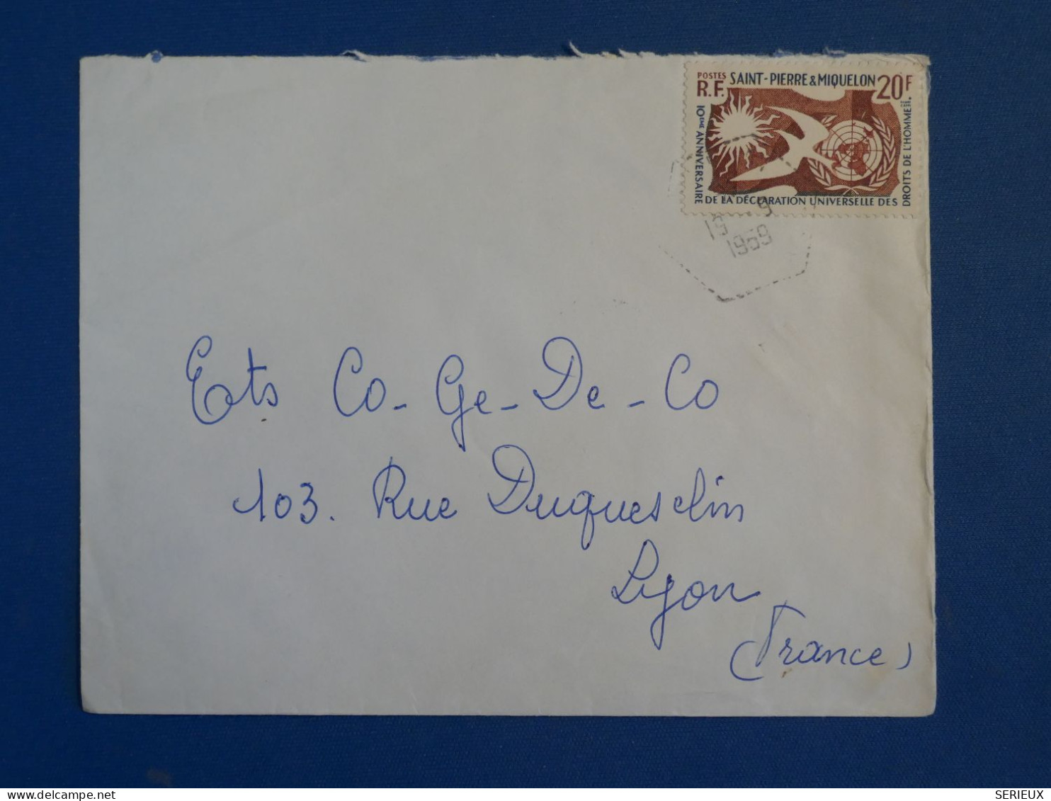 DC2 ST PIERRE  MIQUELON   BELLE LETTRE 1959    A LYON FRANCE +N°358  20F +AFF.HEXAGONAL  INTERESSANT++ - Briefe U. Dokumente