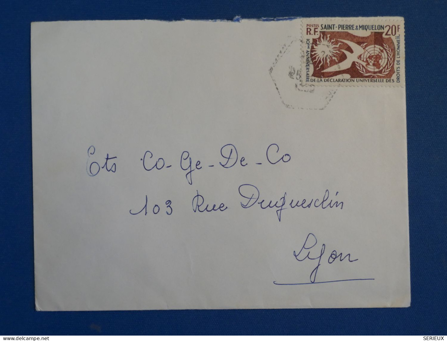 DC2 ST PIERRE  MIQUELON   BELLE LETTRE 1959    A LYON FRANCE +N°358  25F +AFF.HEXAGONAL  INTERESSANT++ - Briefe U. Dokumente