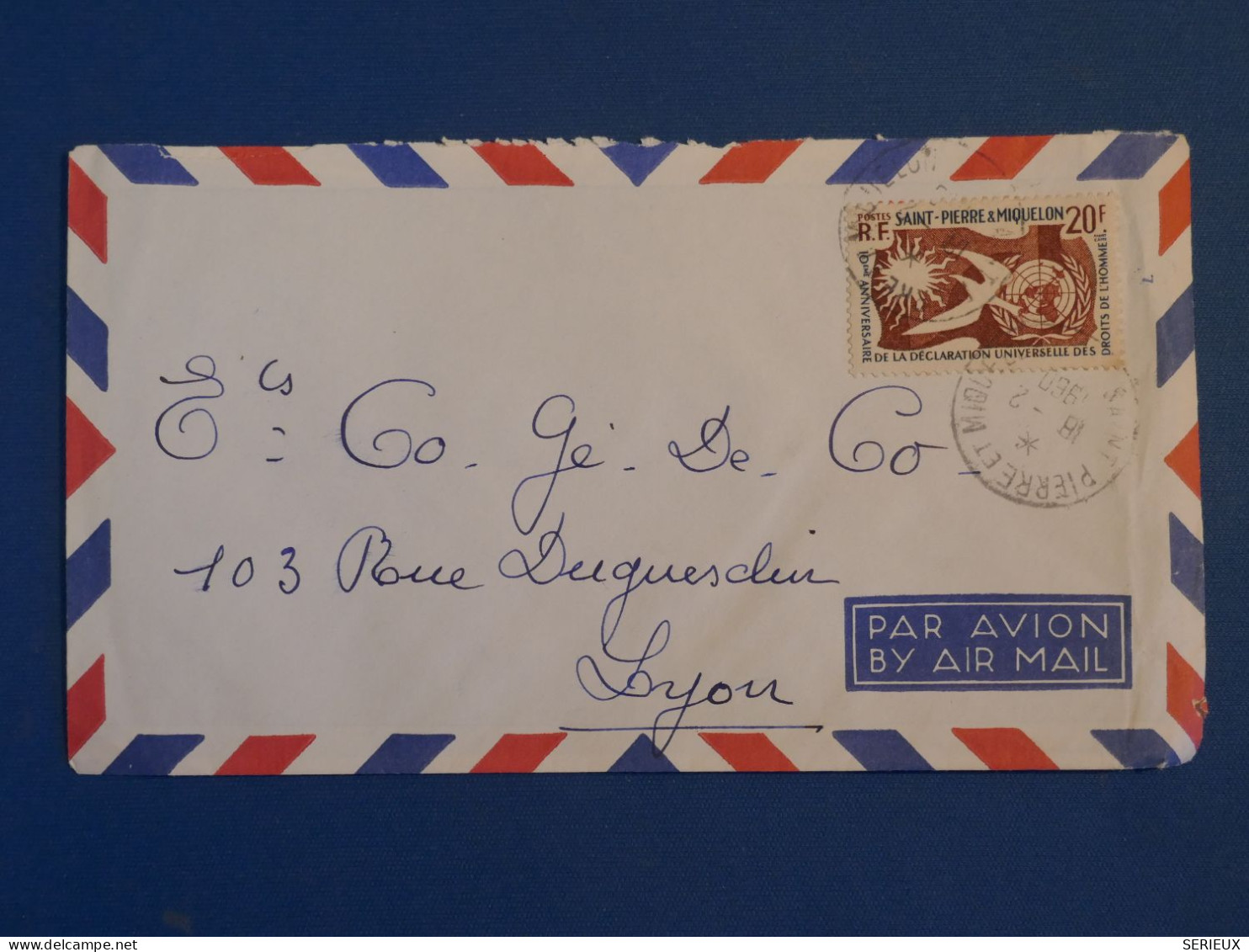 DC2 ST PIERRE  MIQUELON   BELLE LETTRE 1960   A LYON FRANCE +N°358  25F +AFF.HEXAGONAL  INTERESSANT++ - Brieven En Documenten