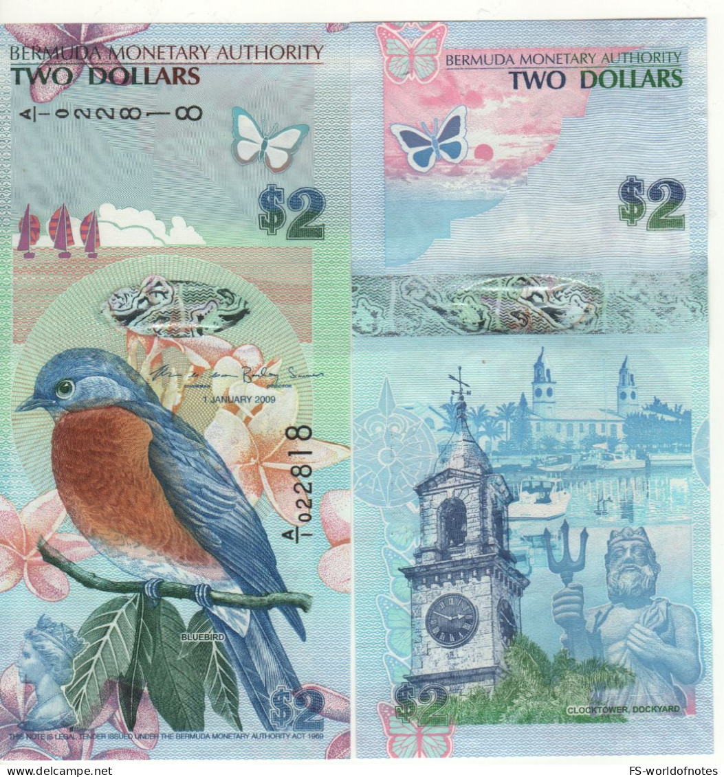 BERMUDA  2 Dollars P57b  2009  ( Bluebird  +  Dockyard's Clock Tower (Hamilton); Neptune At  Back )  UNC - Bermuda