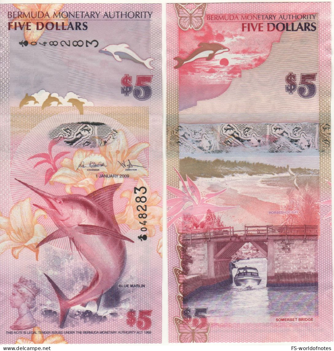 BERMUDA  5 Dollars P58a  2009  (Blue Marlin + Somerset Bridge At  Back )  UNC - Bermudas