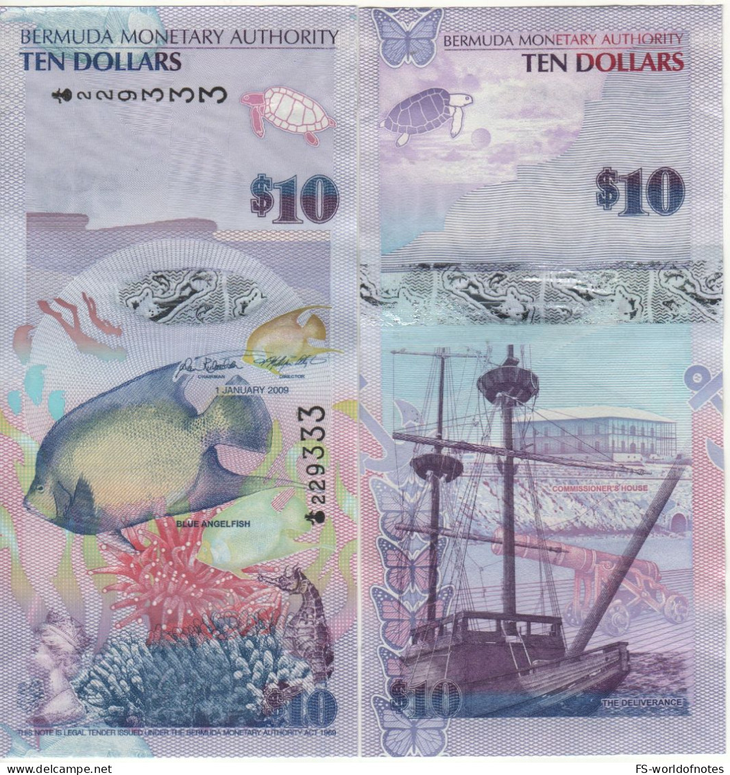 BERMUDA  10 Dollars P59a  2009  ( Blue Angel Fish + Sailing Boat, Butterfly  Commissioner's House At Back )  UNC - Bermuda