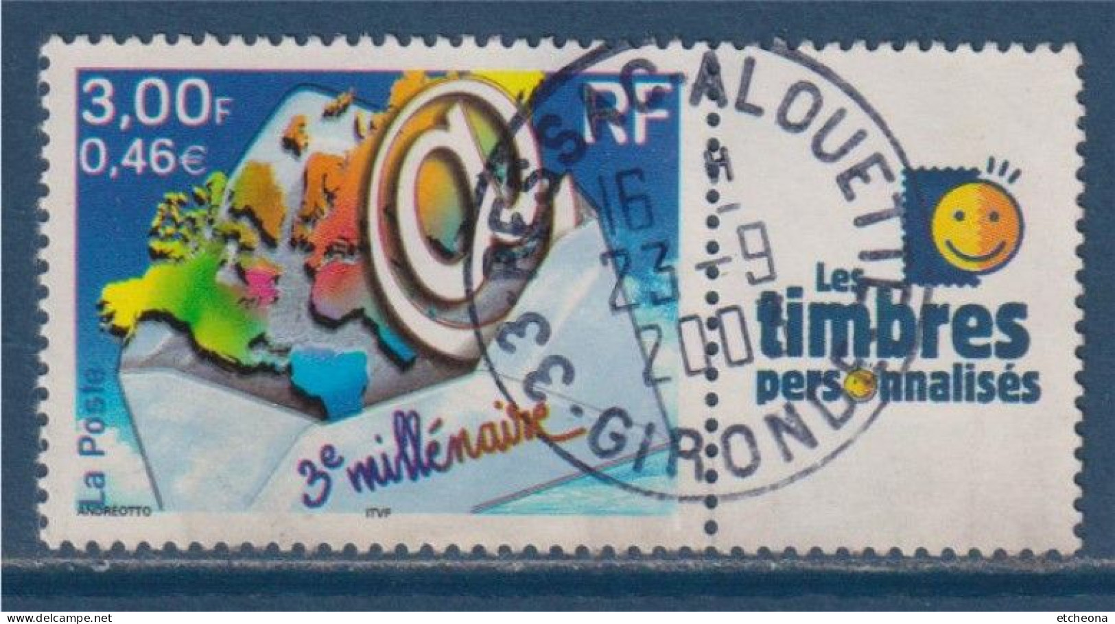 Timbre Meilleurs Voeux Pour Le 3ème Millénaire 2000, Personnalisé  YT N° 3365 Hélio Oblitéré - Used Stamps