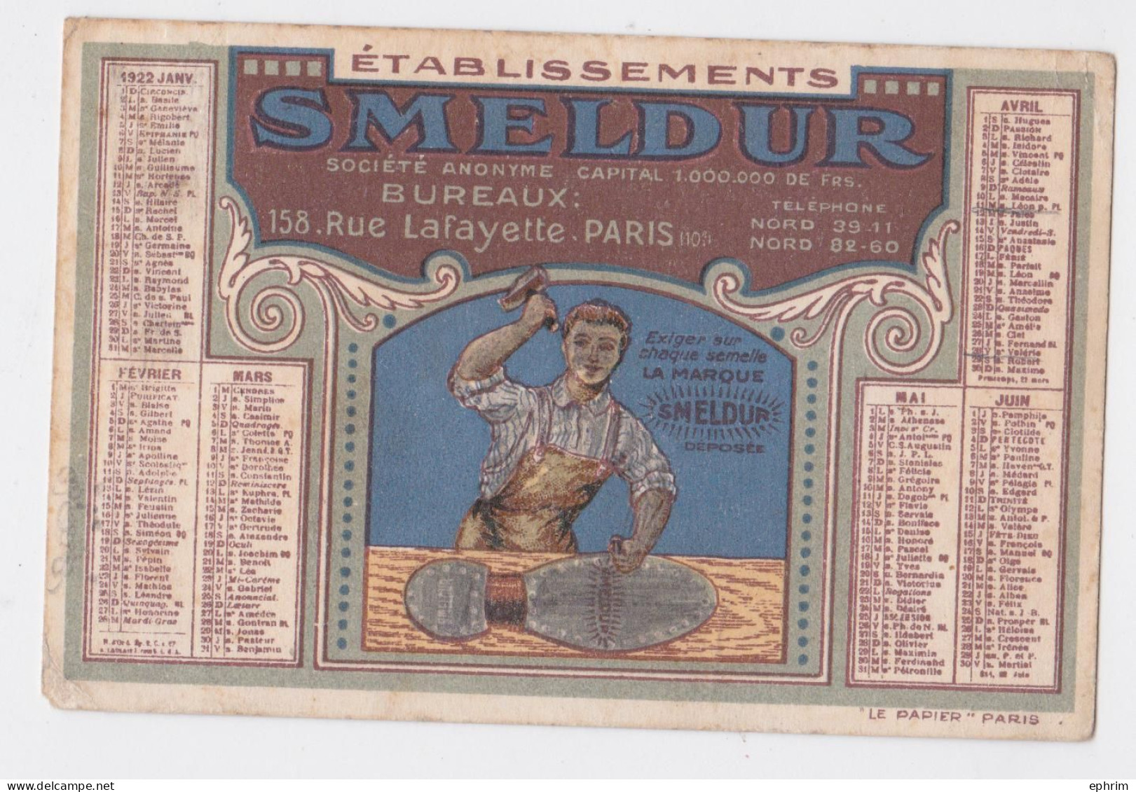 Etablissements Smeldur Rue Lafayette Paris Calendrier De Poche 1922 Cordonnier Tannerie Chaussures - Petit Format : 1921-40