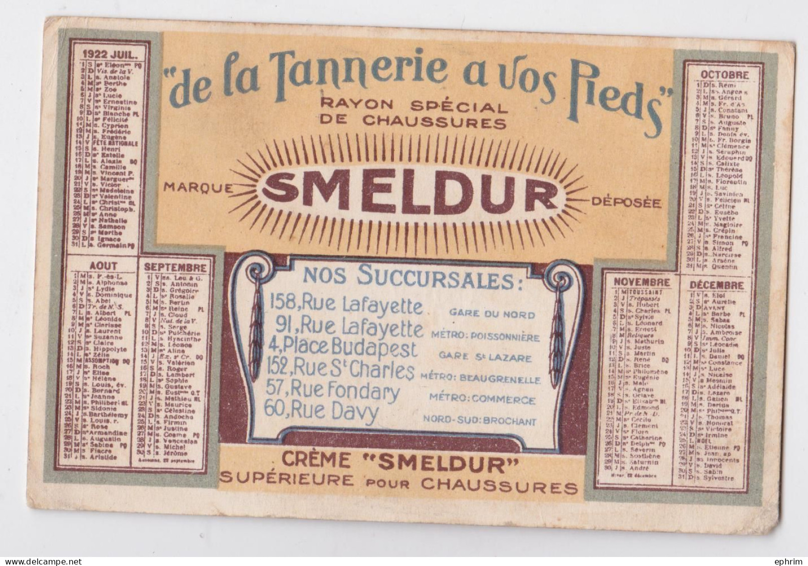 Etablissements Smeldur Rue Lafayette Paris Calendrier De Poche 1922 Cordonnier Tannerie Chaussures - Petit Format : 1921-40