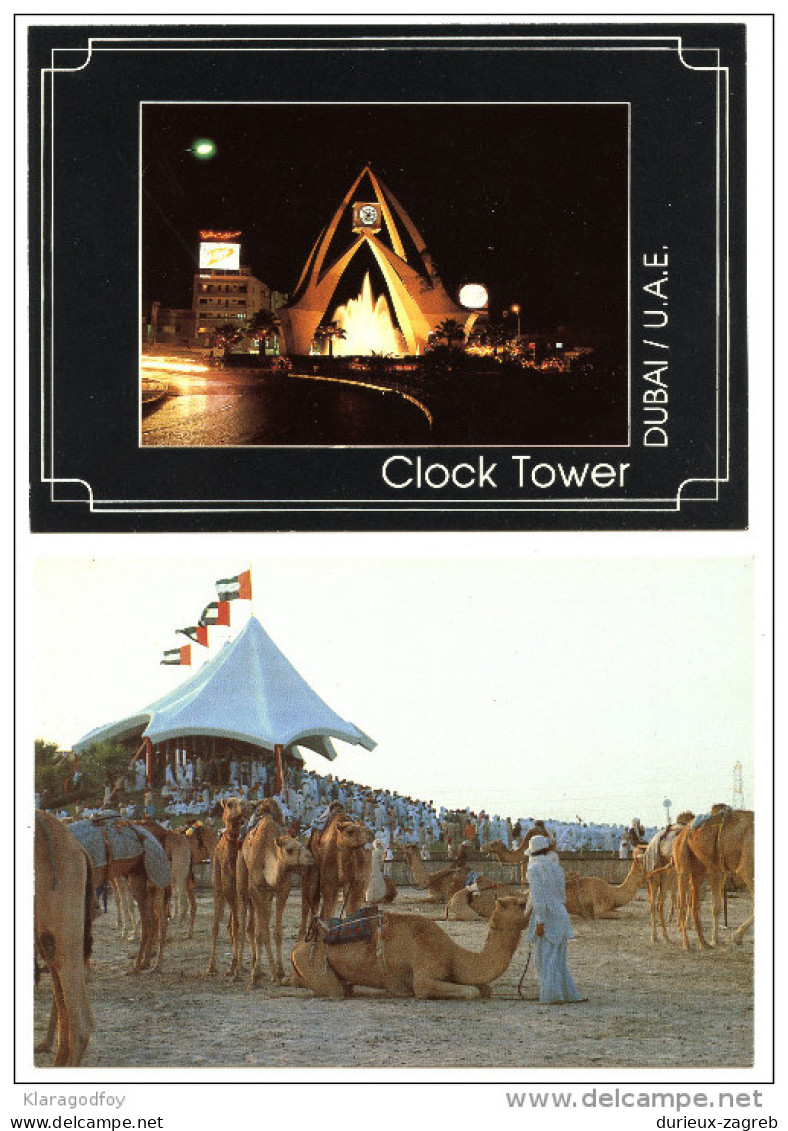 Dubai United Arab Emirates Clock Tower / Camel Races Two Old Unused Postcards Ms151021 - Dubai