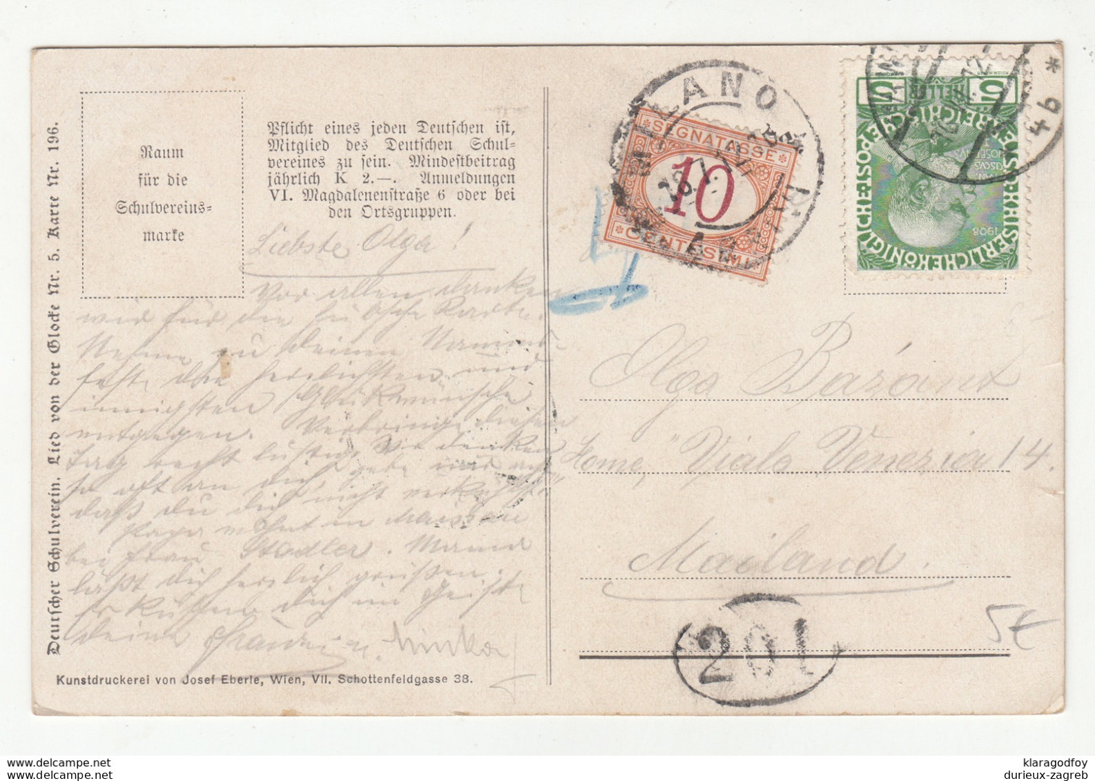 Postage Due - Porto Stamp Segnattase Milano On Deutsche Schullverein Propaganda Postcard 1912 B190715 - Strafport