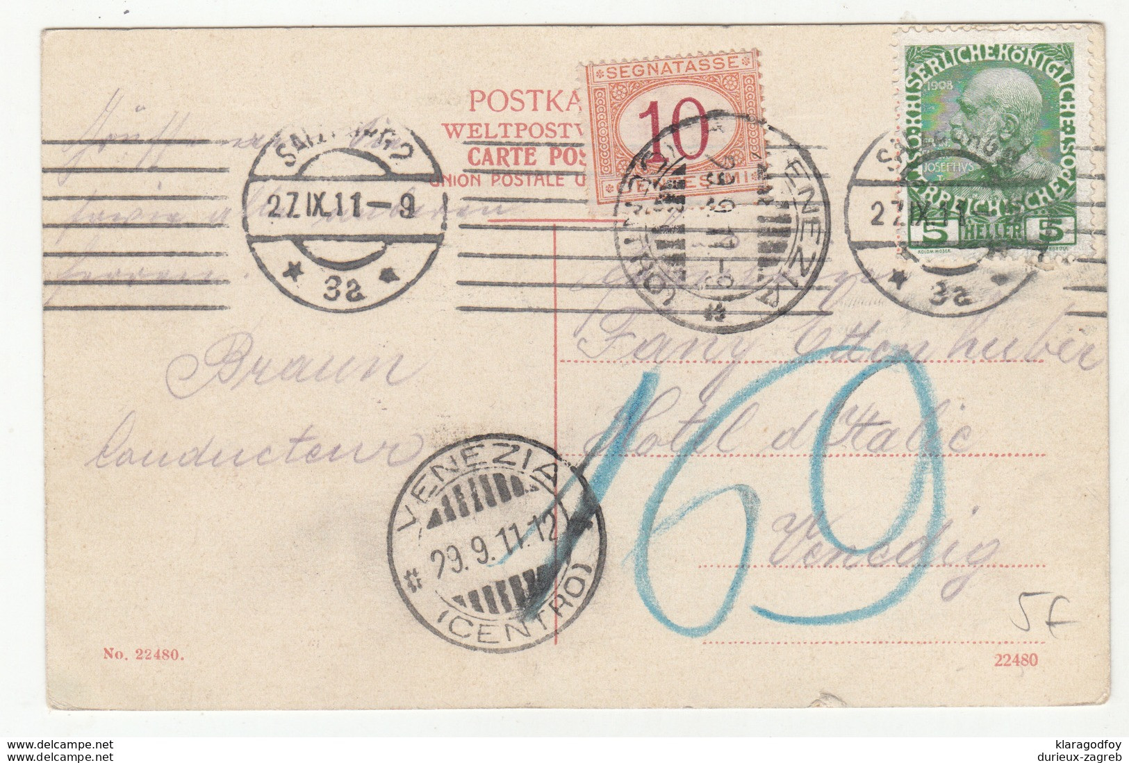 Postage Due - Porto Stamp Segnattase Venezia On Salzburg Postcard 1911 B190715 - Strafport