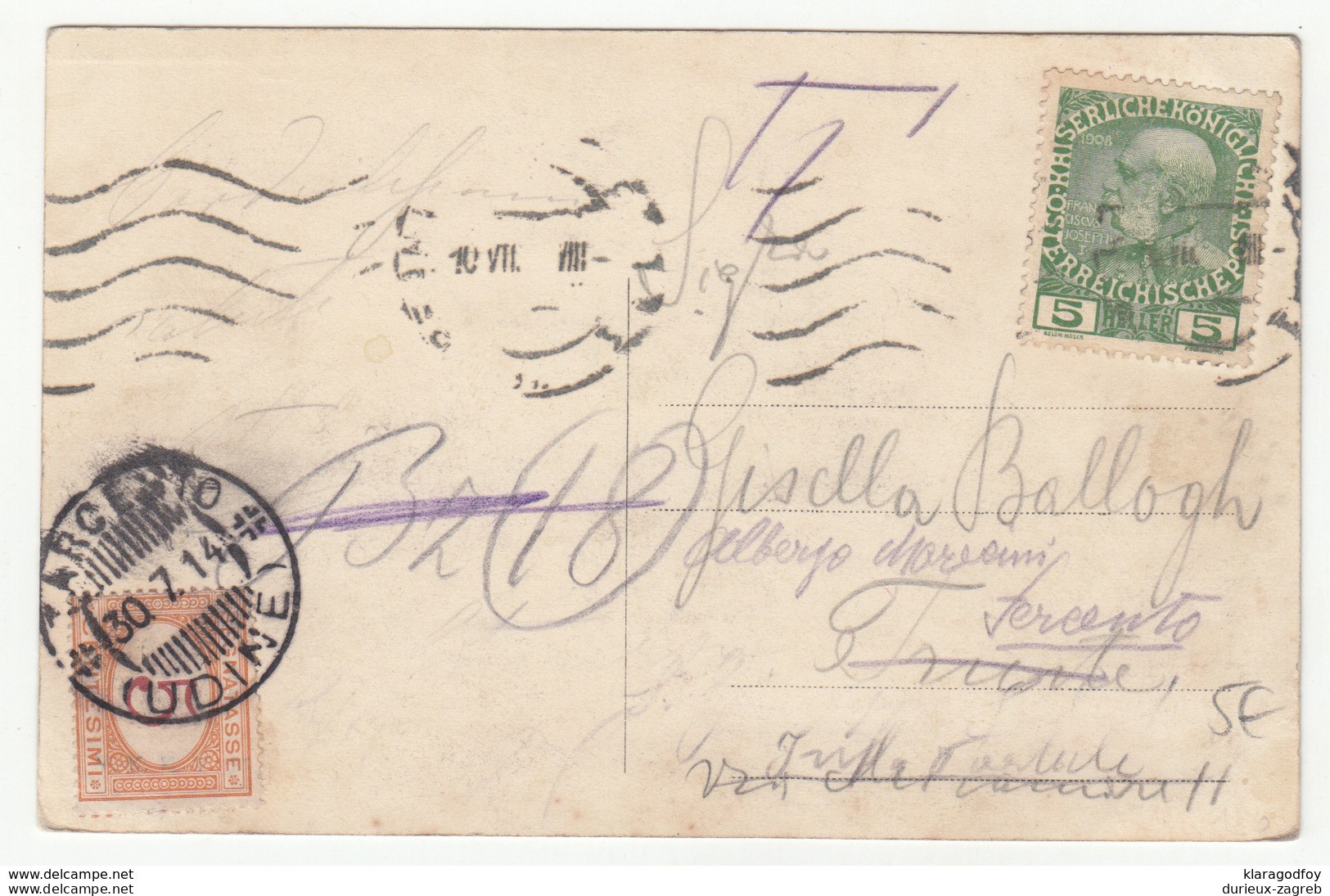 Postage Due - Porto Stamp Segnattase Udined On Prague Postcard 1914 B190715 - Strafport