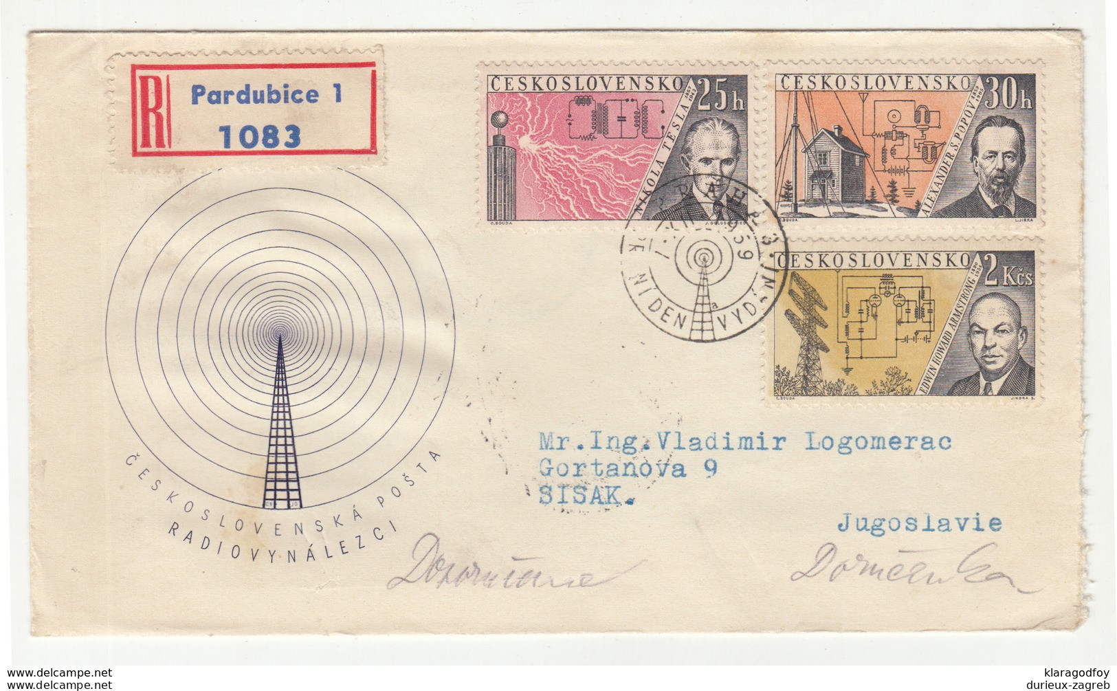 Czechoslovakia, Radio Inventors 1959 Full Series On Two FDC's Registered Travelled Pardubice To Sisak B190320 - Géographie