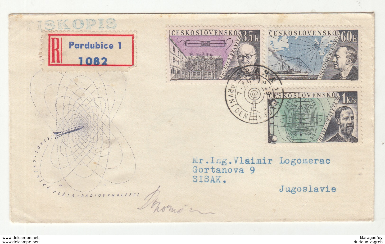 Czechoslovakia, Radio Inventors 1959 Full Series On Two FDC's Registered Travelled Pardubice To Sisak B190320 - Géographie