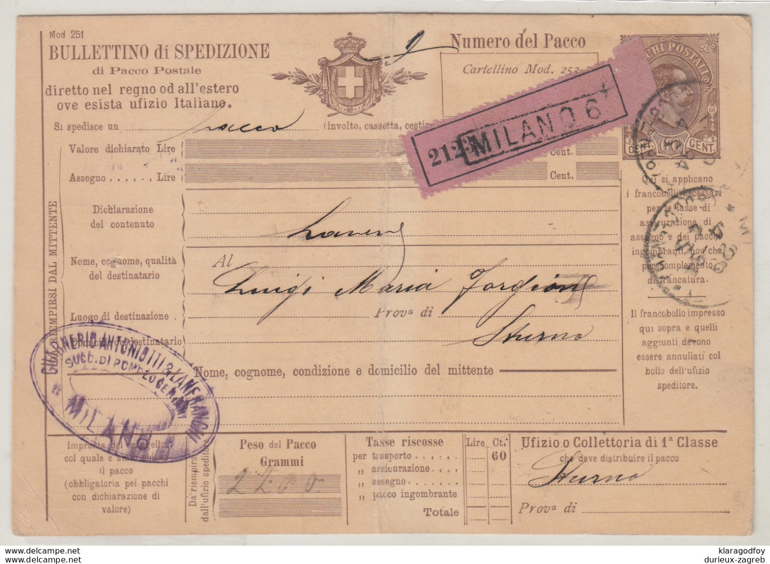 Italy, Bullettino Di Spedizione Parcel Card Registered Travelled 1894 Milano To Sturno B180710 - Colis-postaux