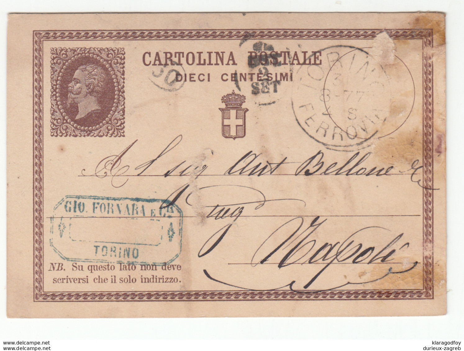 Italy Postal Stationery Postcard Cartolina Postale Travelled 1877 Torino To Napoli B180710 - Postwaardestukken