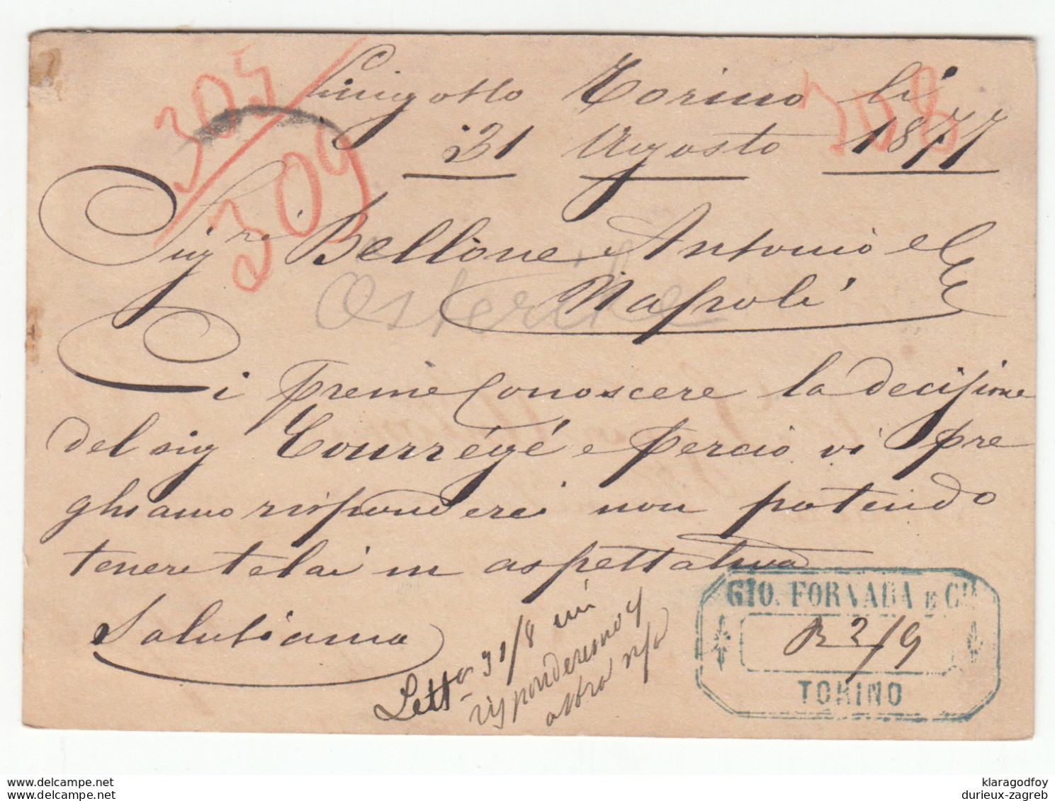 Italy Postal Stationery Postcard Cartolina Postale Travelled 1877 Torino To Napoli B180710 - Interi Postali