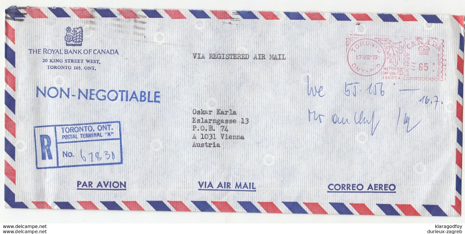 Royal Bank Of Canada Company Registered Air Mail Letter Cover Travelled 1973 Meter Stamp B180601 - Brieven En Documenten