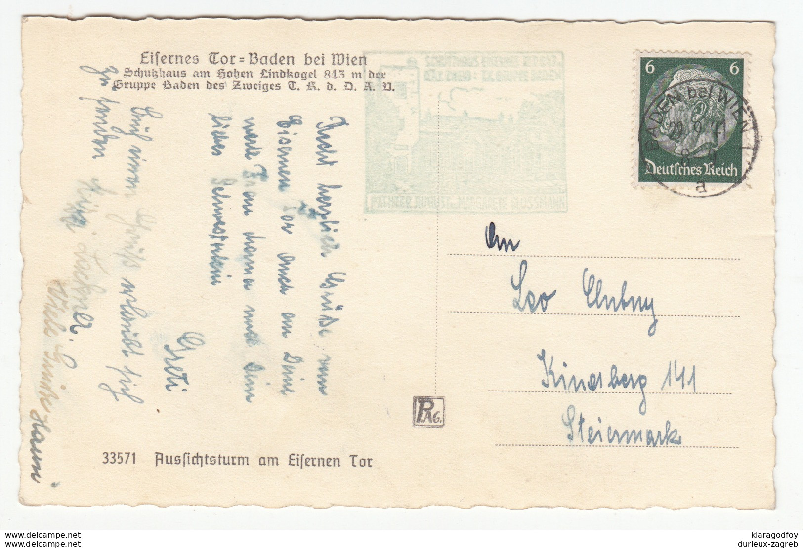 Eisernes Tor, Baden Bei Wien Old Postcard Travelled 1941 B170915 - Baden Bei Wien