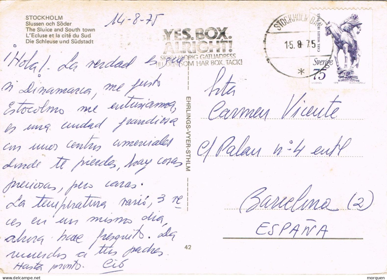51975. Postal Aerea STOCKHOLM (Sverige) Suecia 1975. Vista General Poblacion - Lettres & Documents