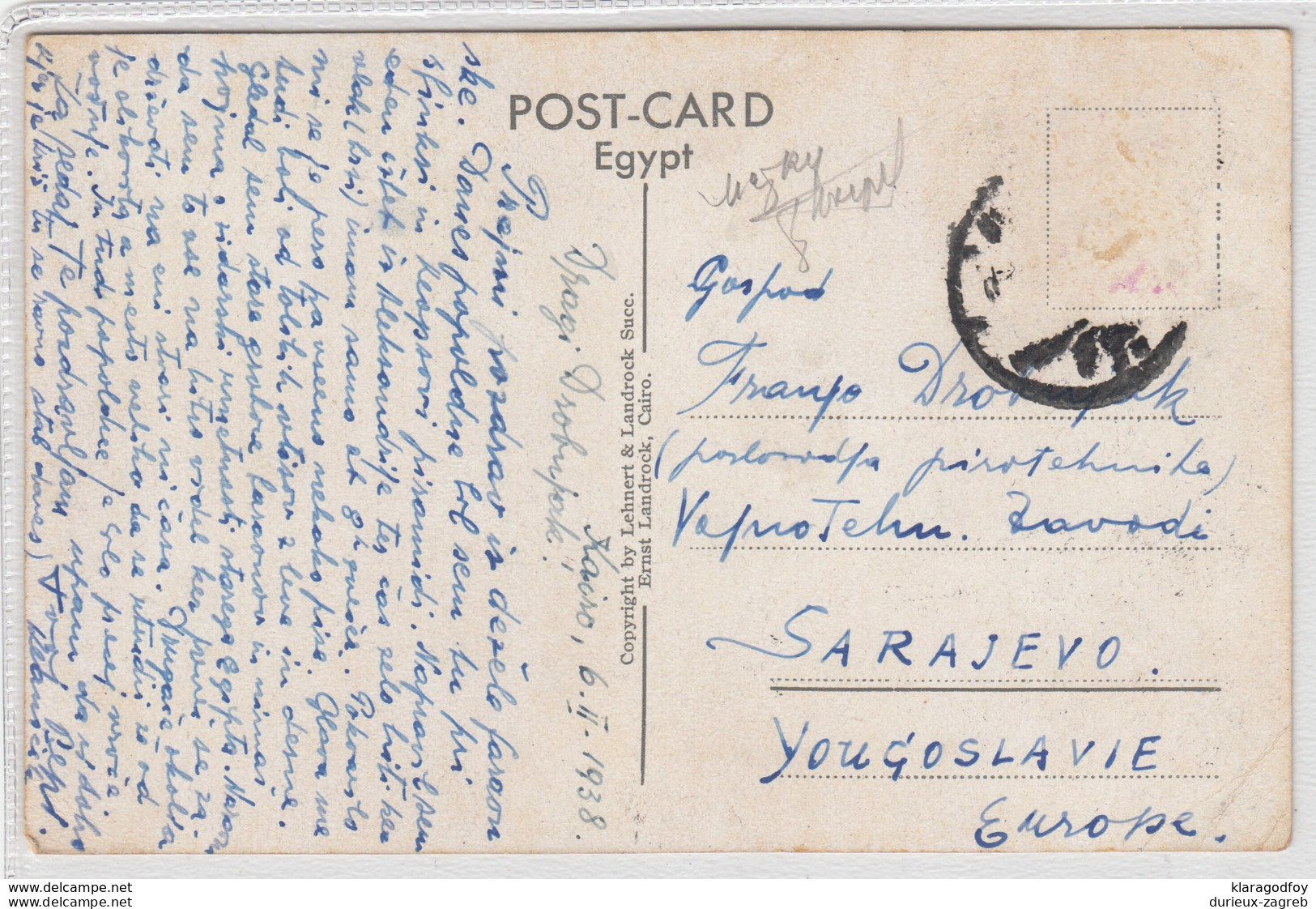 Cairo, The Greath Sphinx (Ernst Landrock, Cairo) Postcard Travelled 1938 B170215 - Sphynx