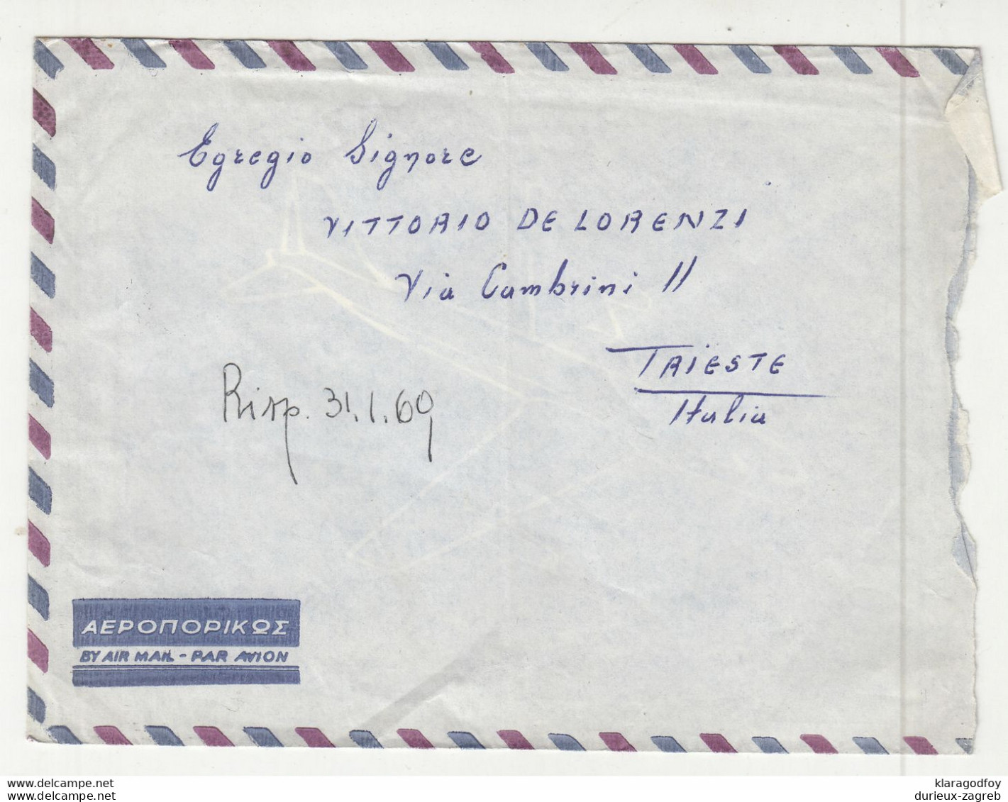 Greece Letter Cover Posted 1969 Corfu To Trieste B210501 - Covers & Documents