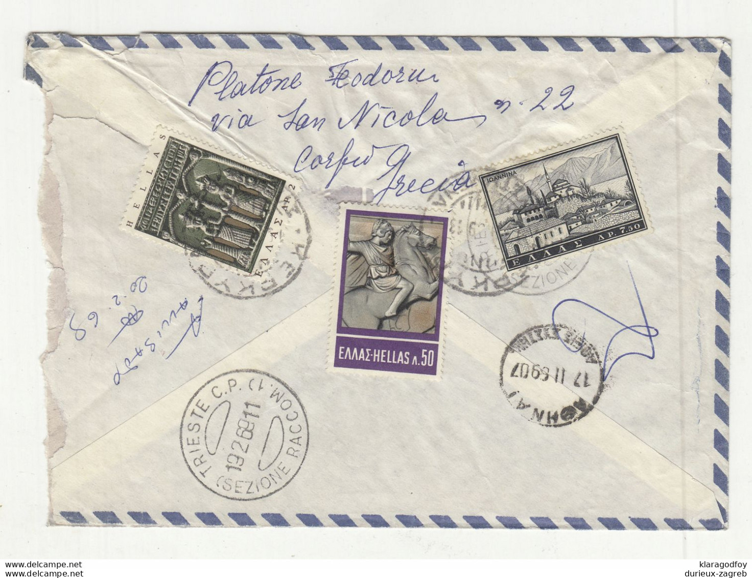 Greece Letter Cover Posted Registered 1969 Corfu To Trieste B210501 - Cartas & Documentos