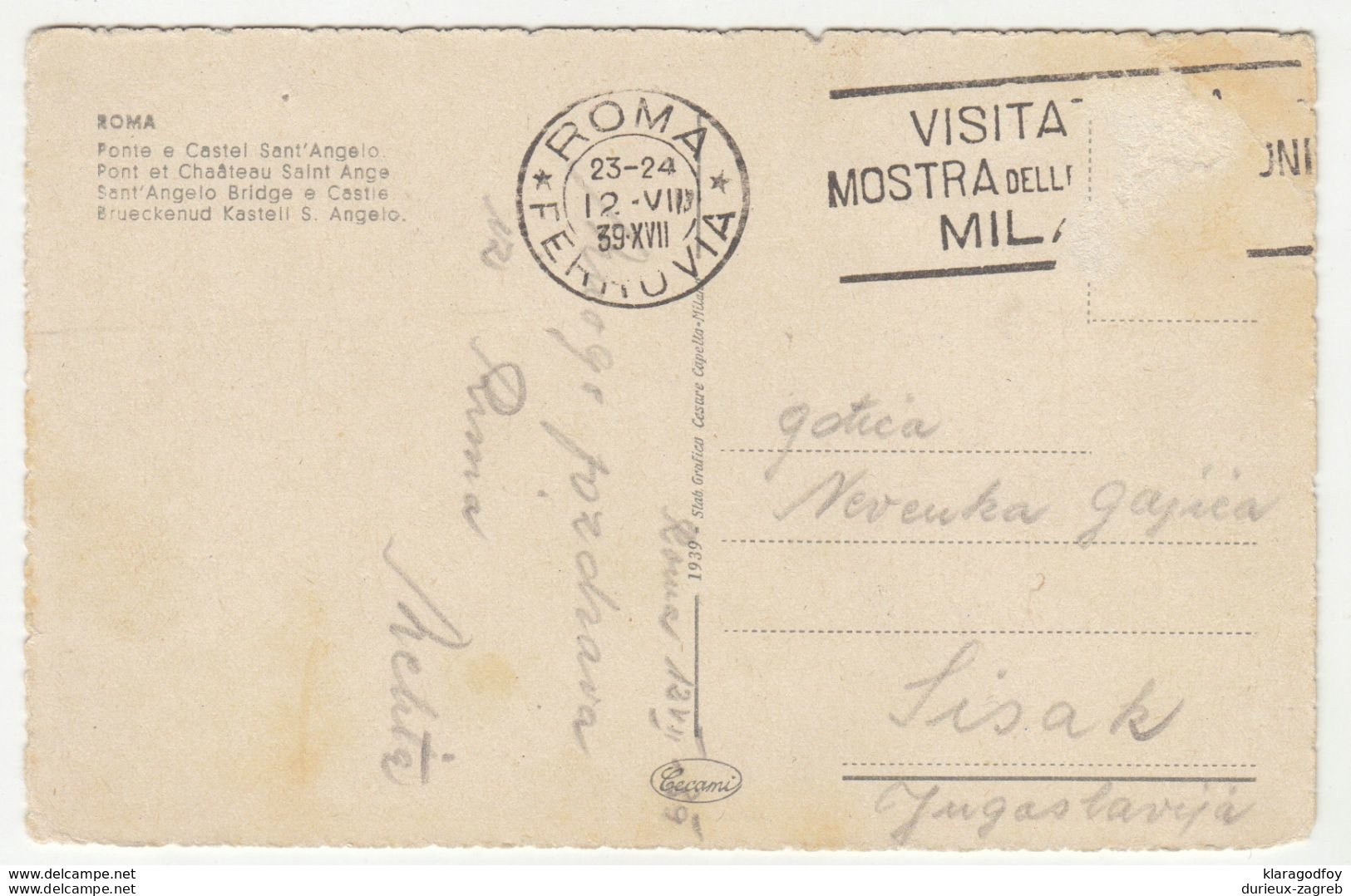Ponte E Castel Sant'Angelo Old Postcard Posted 1939 B200701 - Castel Sant'Angelo
