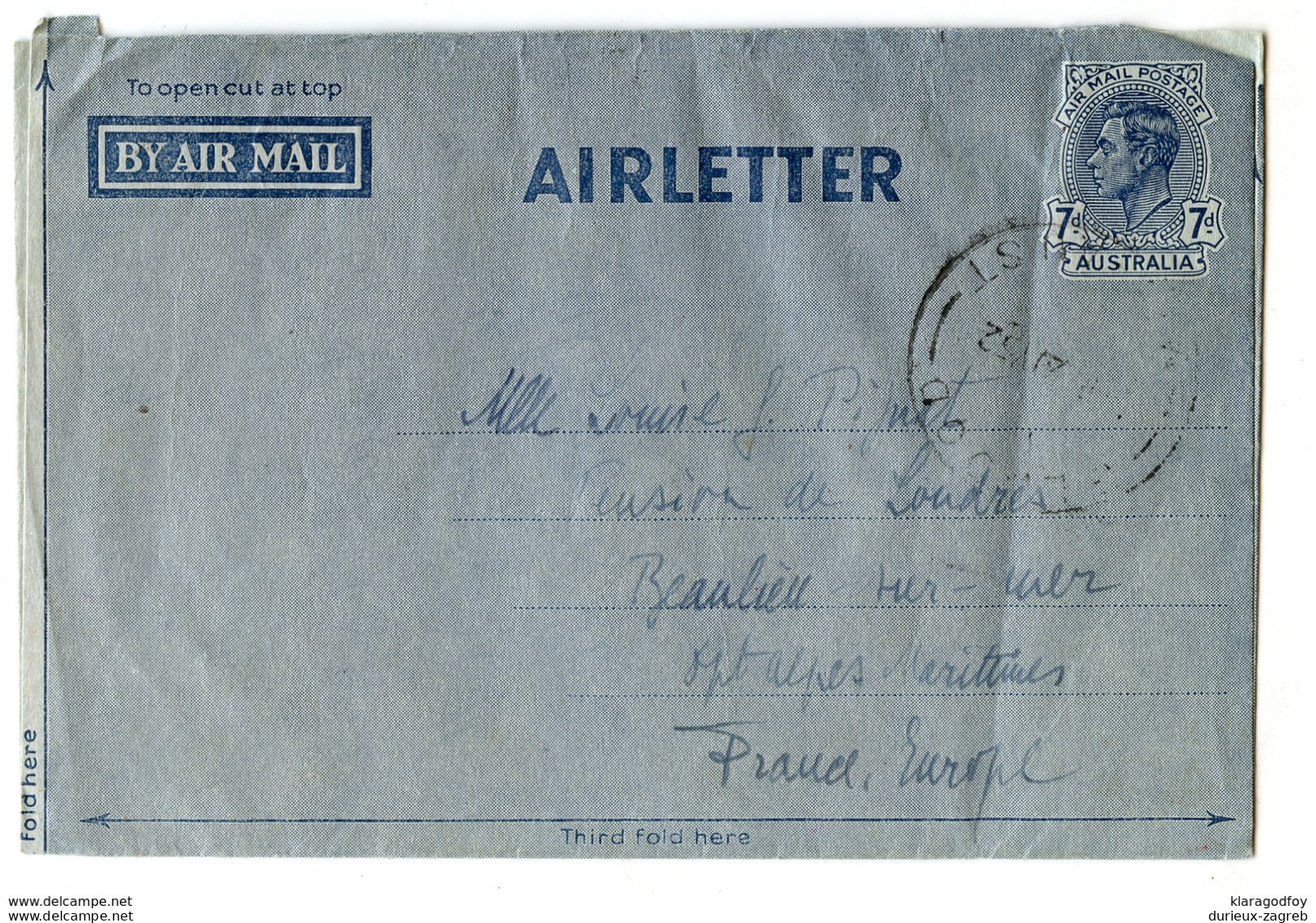 Australia Airletter Posted 1952 To France B200220 - Aérogrammes