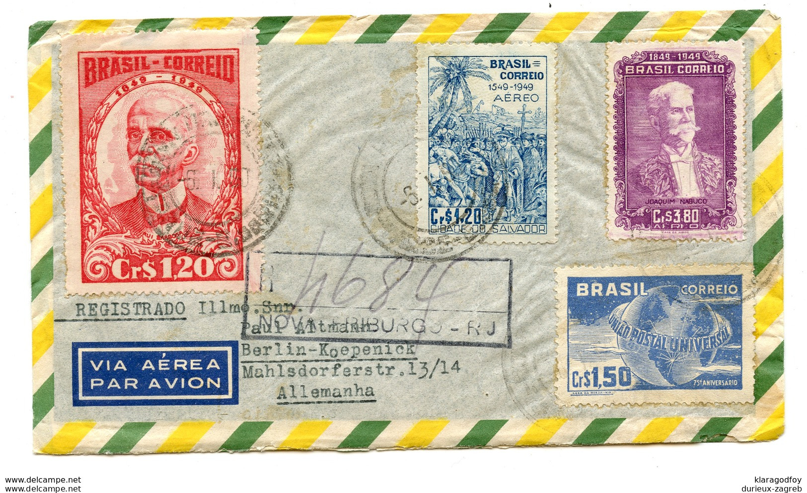 Brasil Air Mail Letter Cover Posted Registered 1950 To Germany B200220 - Briefe U. Dokumente