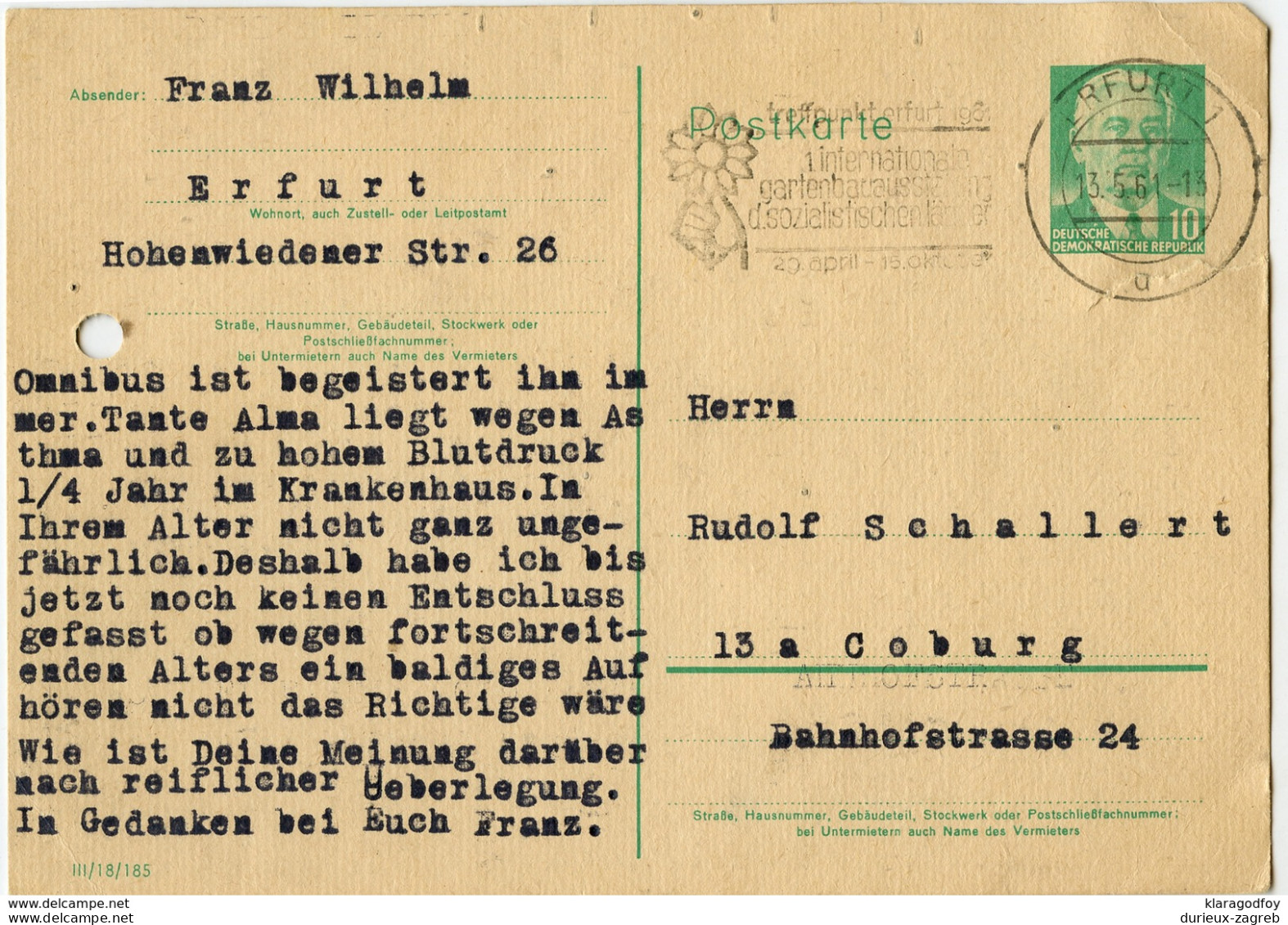 DDR Postal Stationery Postcard Travelled 1961 Erfurt To Coburg - Slogan Postmark B171025 - Postkaarten - Gebruikt