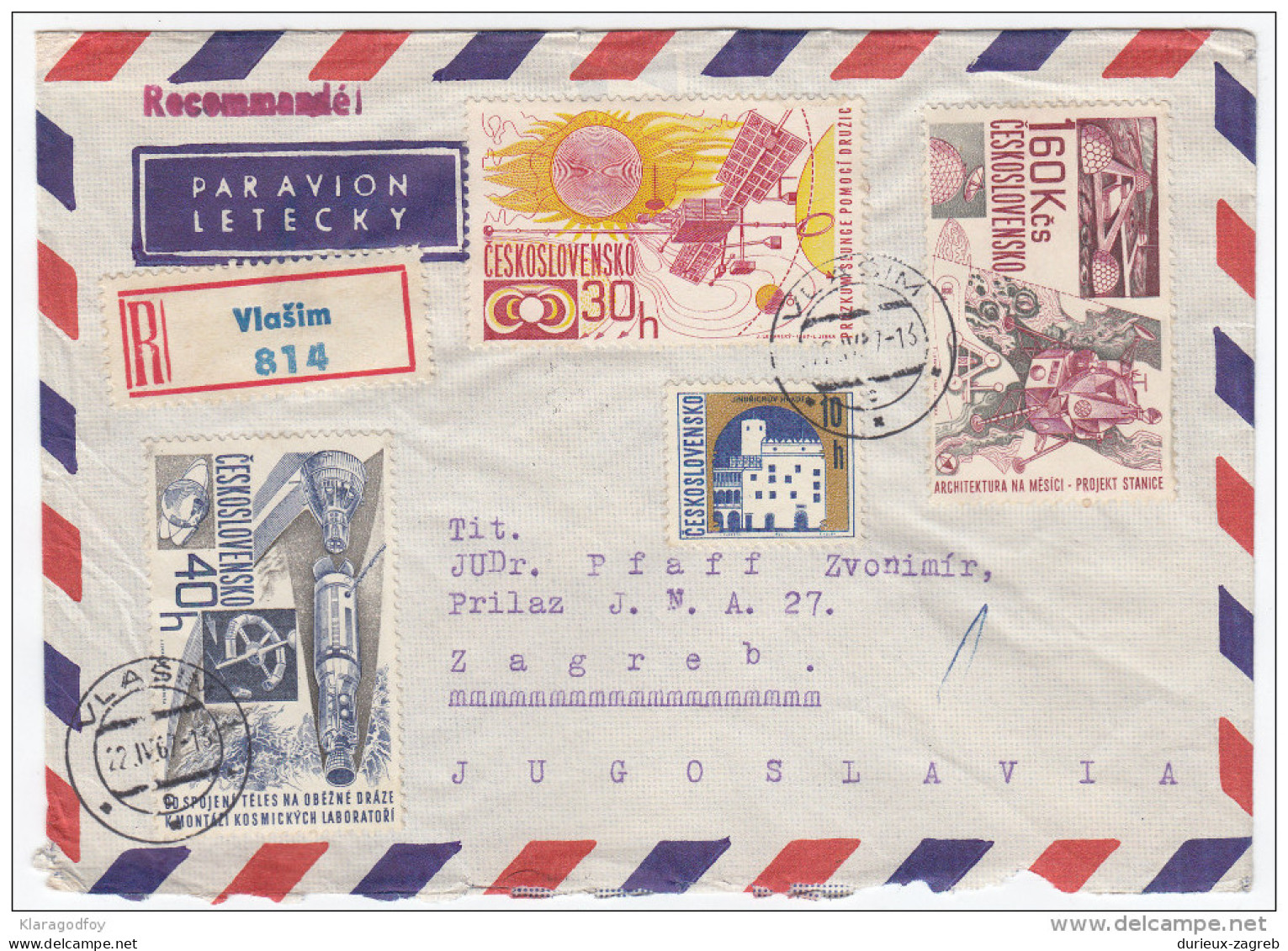 Space Stamps On Registered Air Mail Letter Cover Travelled 1967 Czechoslovakia To Yugoslavia Bb160301 - Sonstige & Ohne Zuordnung