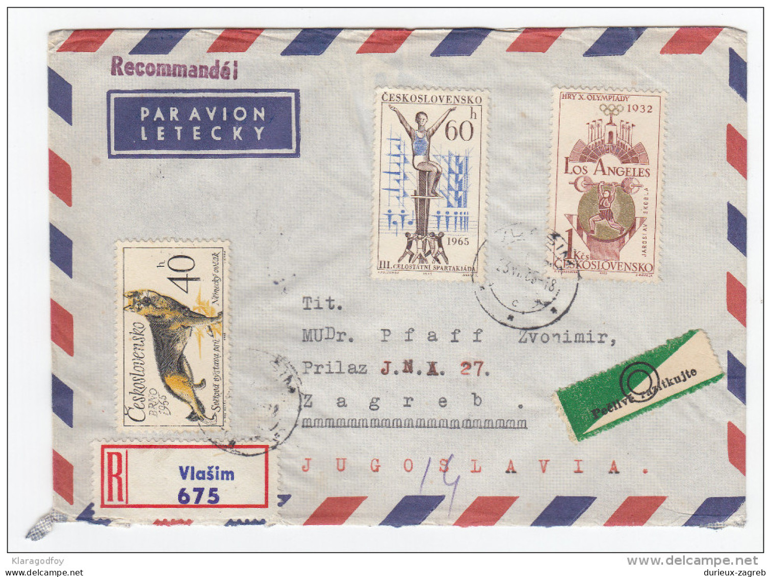 Olympic Games Stamps On Registered Air Mail Letter Cover Travelled 1965 Czechoslovakia To Yugoslavia Bb160301 - Ete 1932: Los Angeles