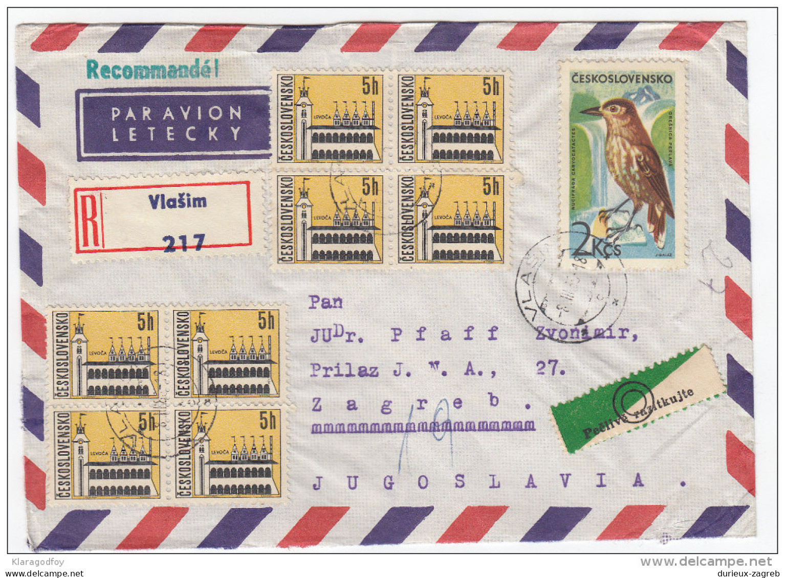 Animals Stamps On Registered Air Mail Letter Cover Travelled 1966 Czechoslovakia To Yugoslavia Bb160301 - Spatzen