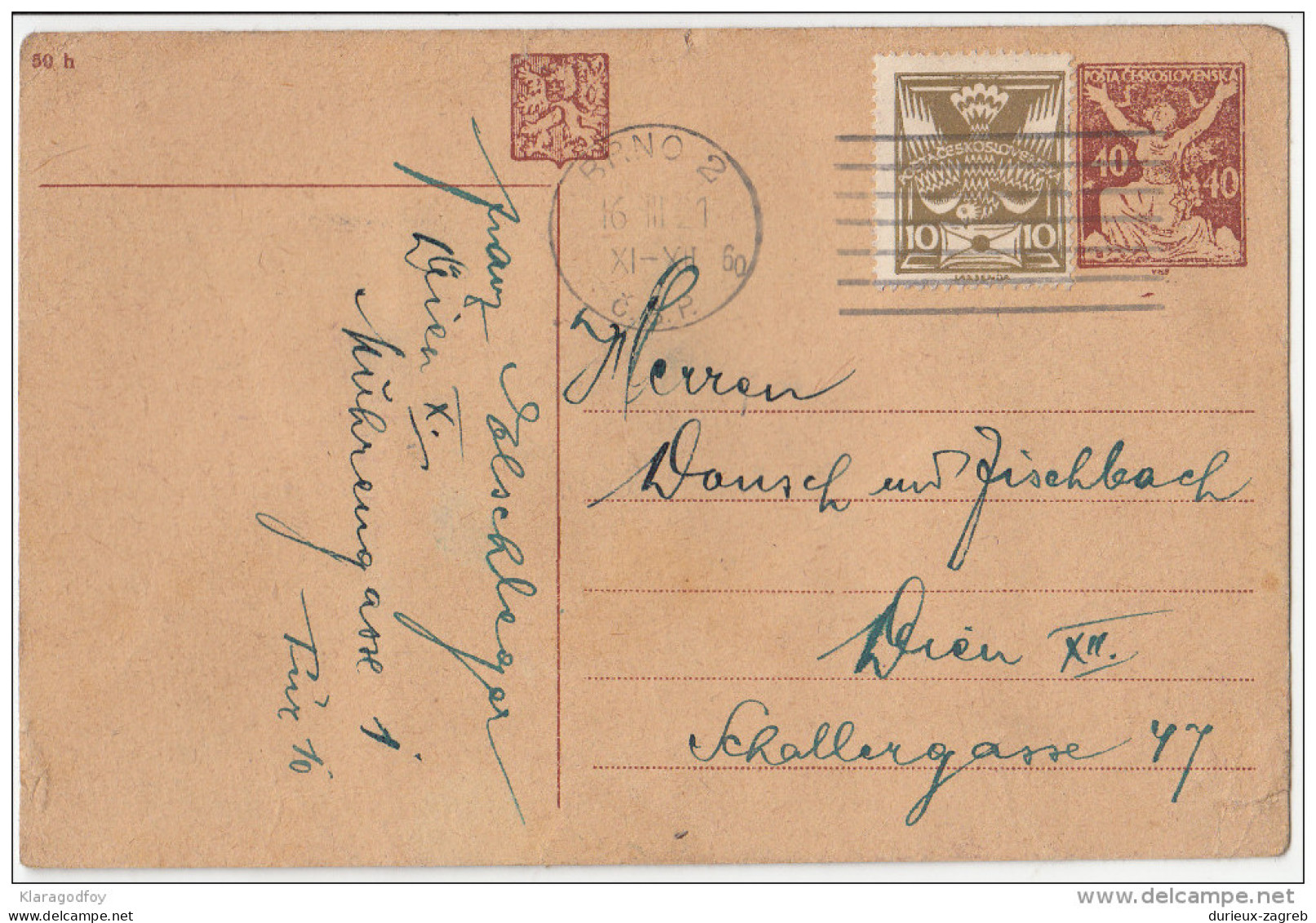 Czechoslovakia Postal Stationery Postcard Travelled 1921 To Wien Bb151208 - Cartes Postales