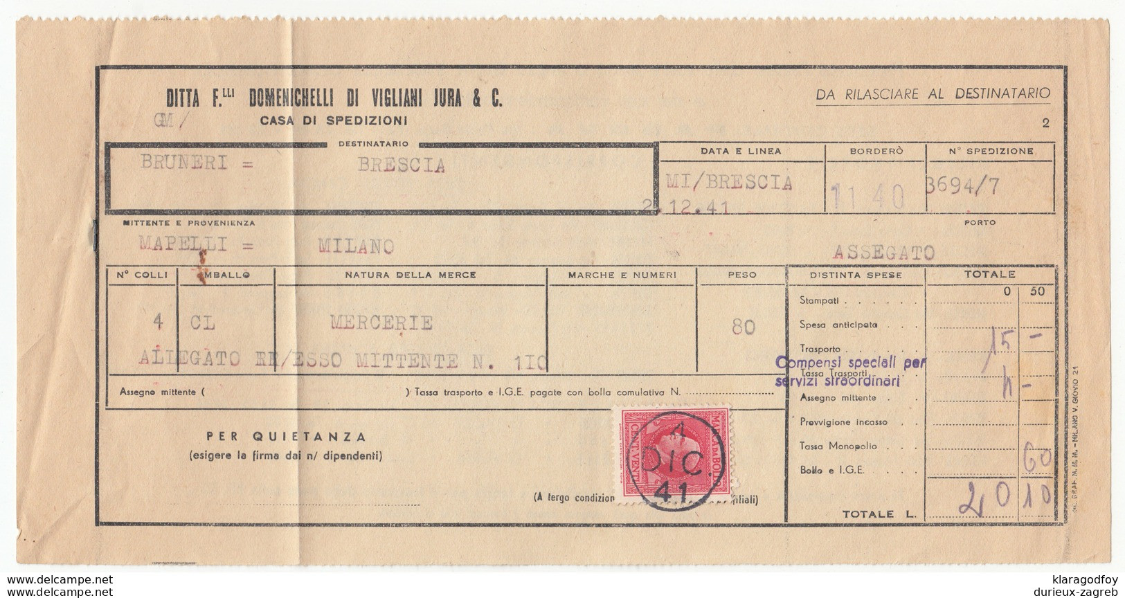 F.lli Domencichelli Di Vigliani Jura & C. Parcel Card? 1941 Milano To Brescia B170510 - Postal Parcels