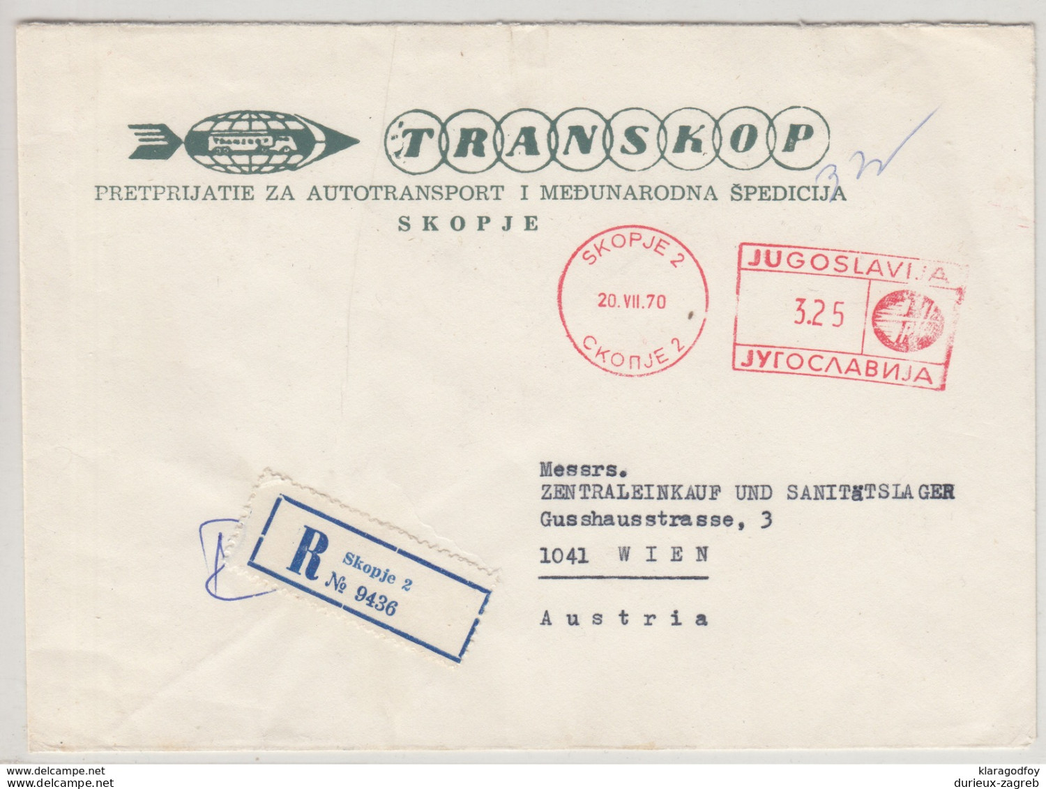 Yugoslavia, "Transkop" Company Letter Cover & Meter Stamp Registered Travelled 1970 Skopje To Wien B170530 - Storia Postale