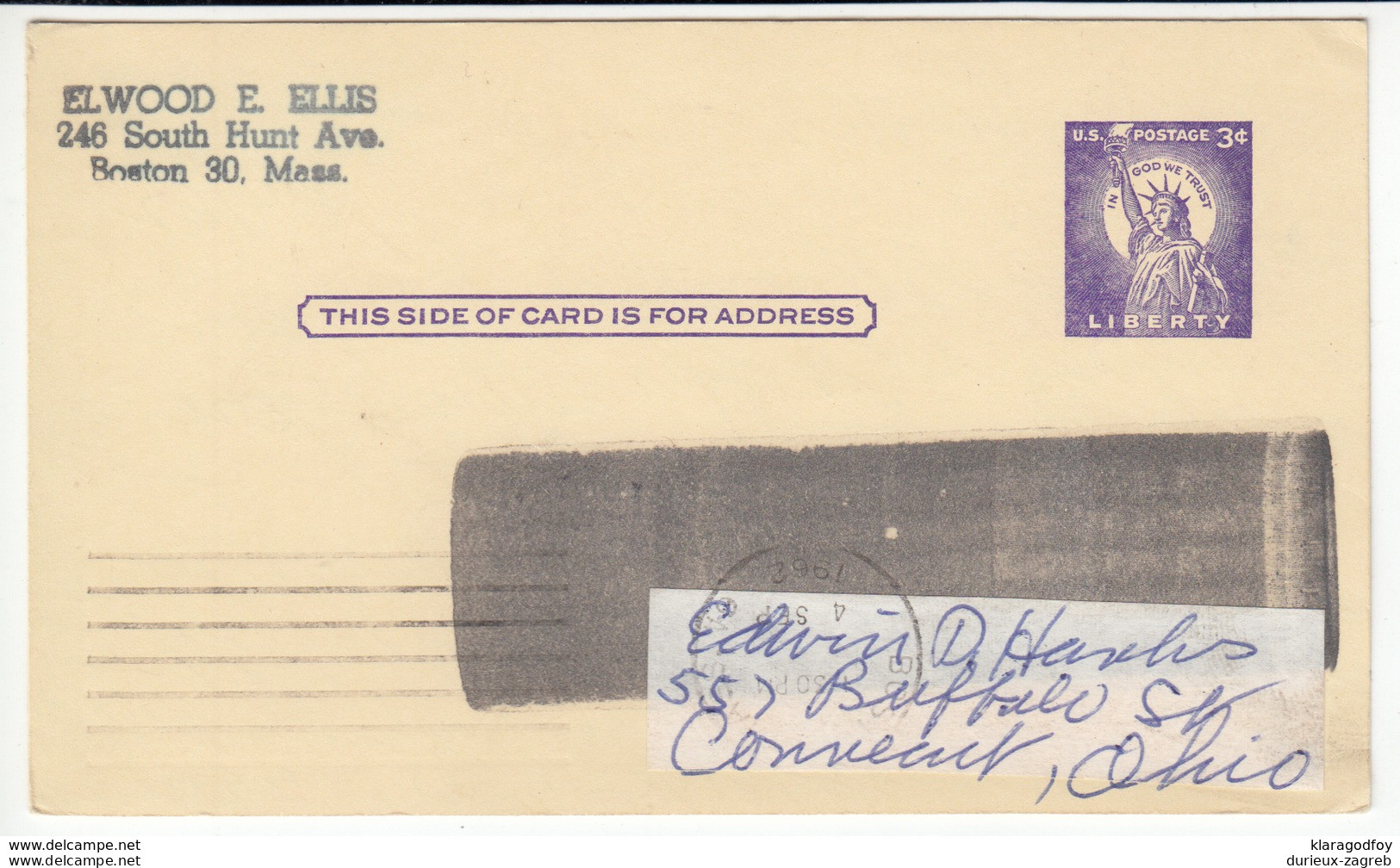 US Postal Stationery Postcard Travelled 1962 Boston, MA To Conneaut, OH UX46 Statue Of Liberty Bb161110 - 1961-80