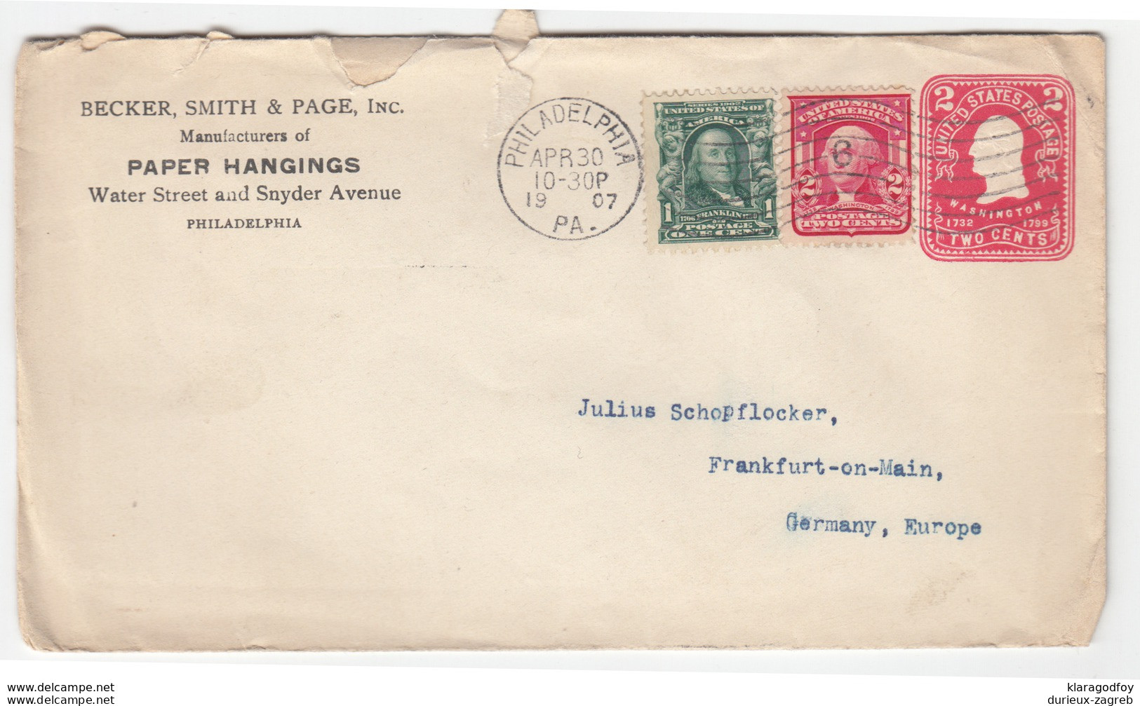 US Postal Stationery Stamped Envelope Travelled 1907 Philadelphia, PA To Berlin, Germany U395 Washington Bb161110 - 1901-20