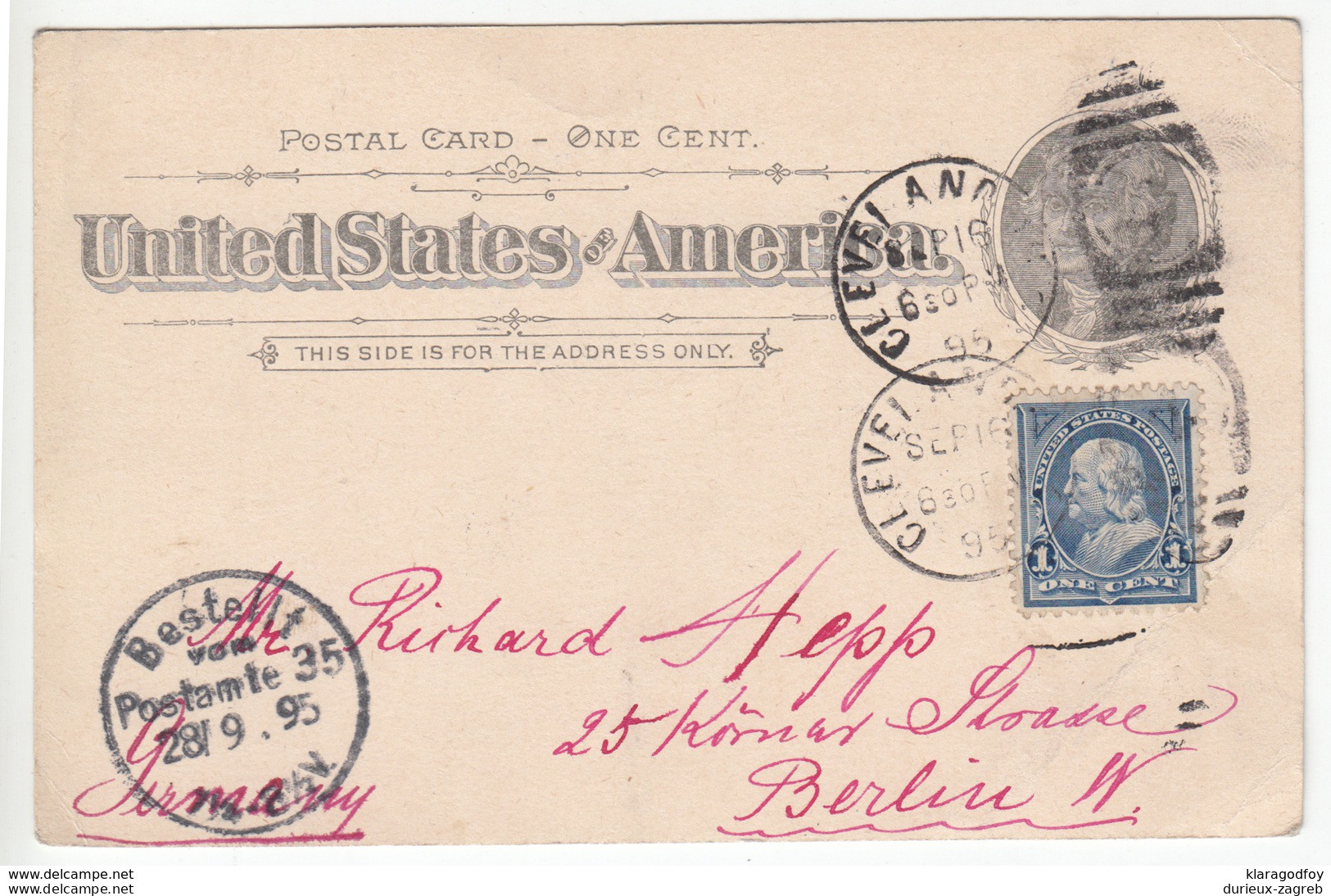 US Postal Stationery Postcard Travelled 1895 From Cleveland, OH To Berlin, Germany UX12 Jefferson Bb161110 - ...-1900