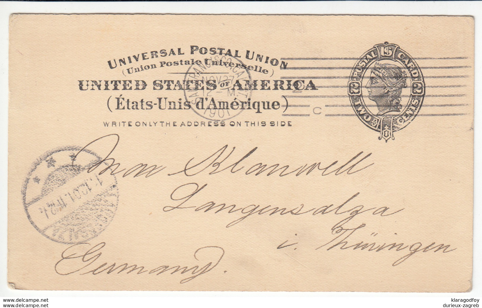 US Postal Stationery Postcard Travelled 1901 San Francisco, CA To Langensalza, Germany UX7 Liberty Bb161110 - 1901-20
