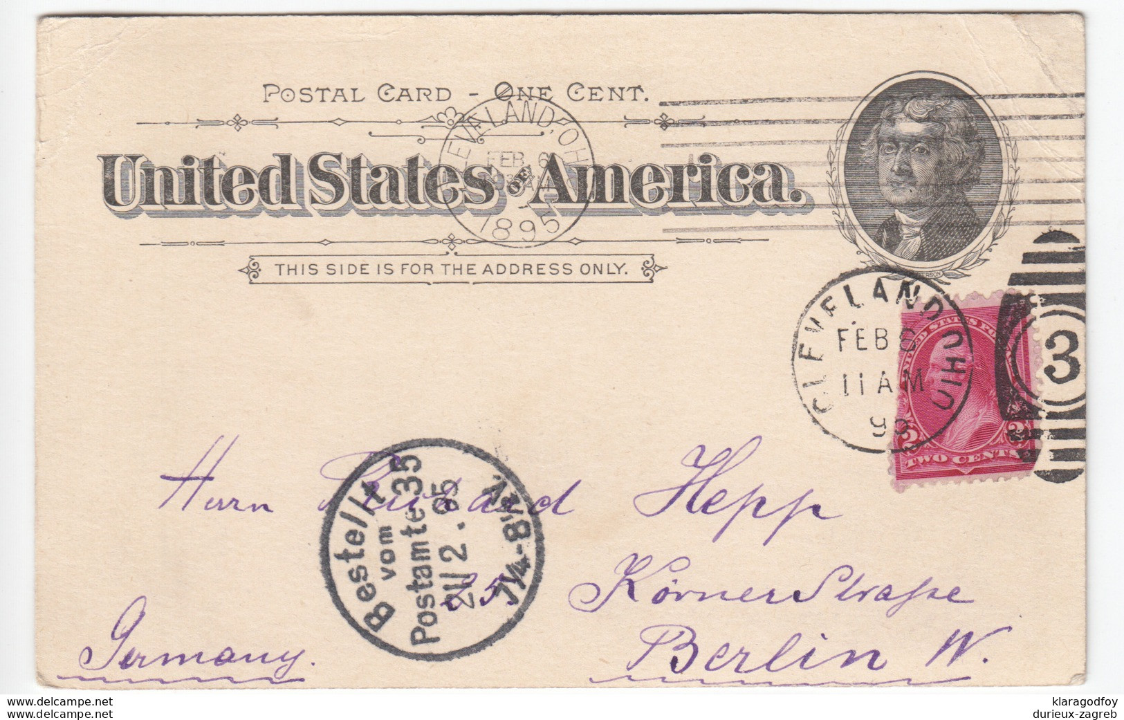 US Postal Stationery Postcard Travelled 1895 From Cleveland, OH To Berlin, Germany UX12 Jefferson Bb161110 - ...-1900