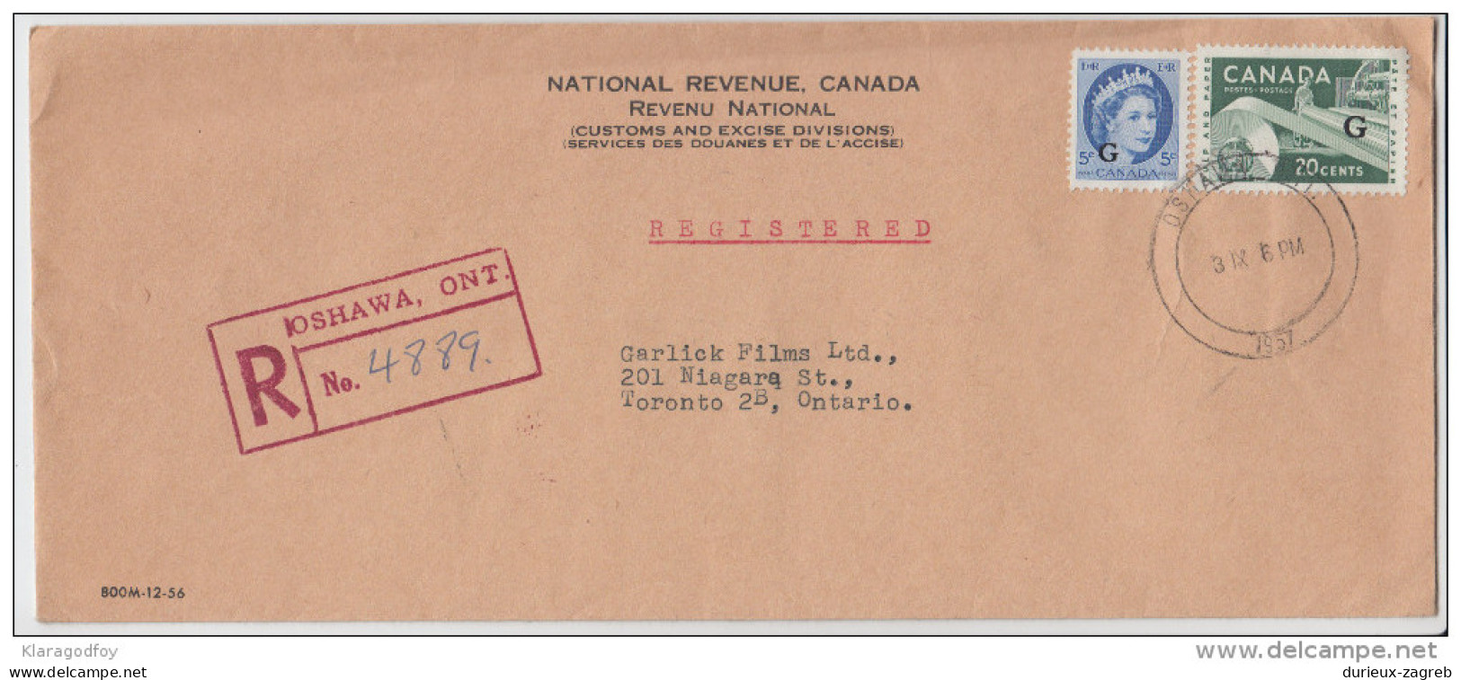 National REvenue, Canada Company Registered Letter Cover Travelled 1957 Official Stamps B160711 - Lettres & Documents