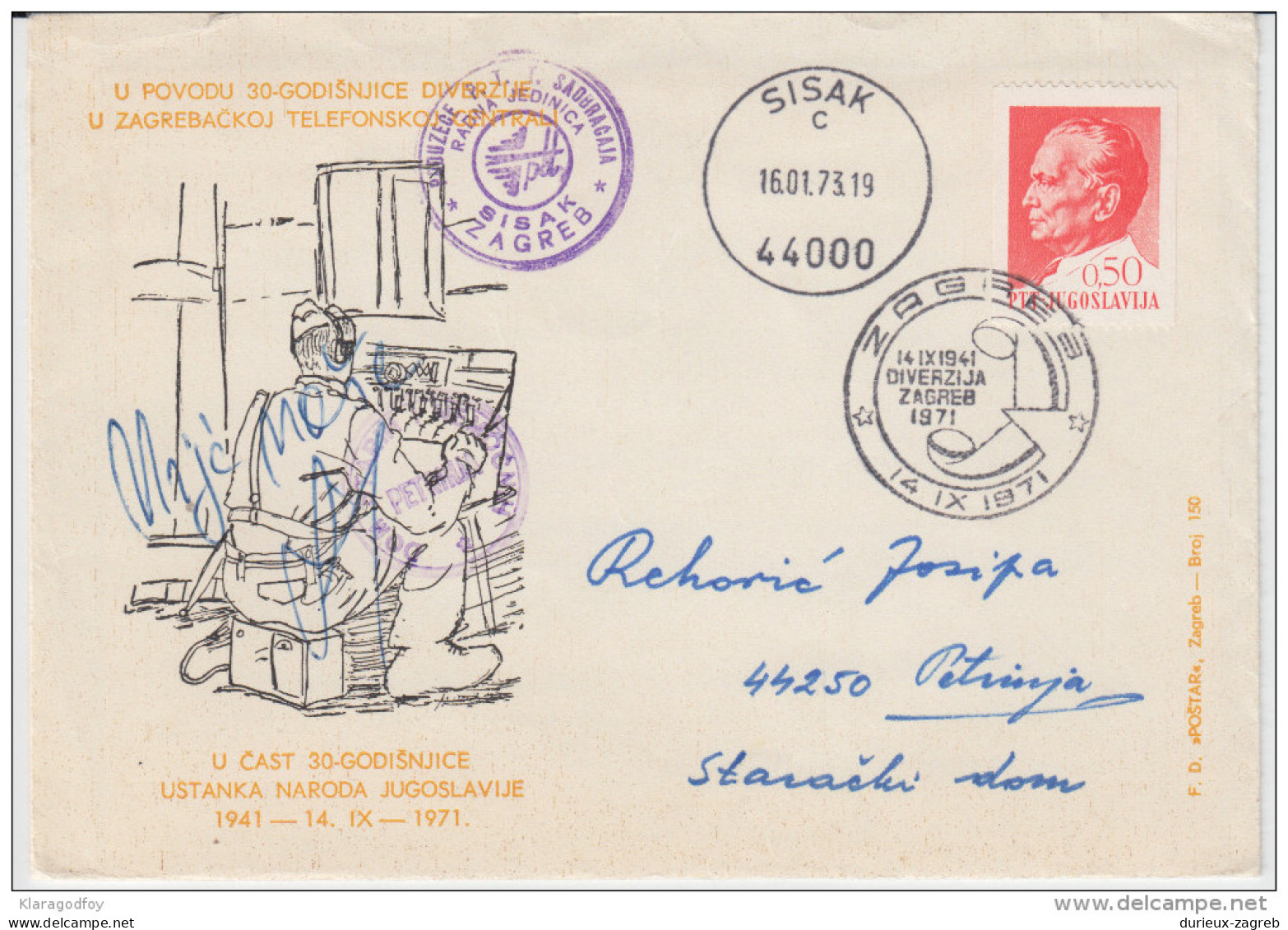 Yugoslavia Coil Stamp On 1971 Special Cover-Partisan Diversion On Main Postoffice- Travelled 1973 B160711 - Brieven En Documenten