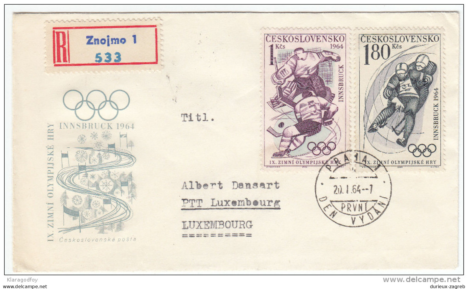 Olimpic Games Stamps On Cover Travelled 1964 Cehoslovakia To Luxembourg Registered Bb160429 - Inverno1964: Innsbruck