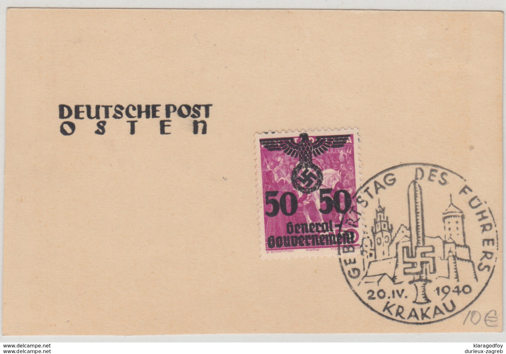 Generalgouvernement Fuhrer's Birthay 1940 Krakau Special Postmark On Card B180410 - Sonstige & Ohne Zuordnung