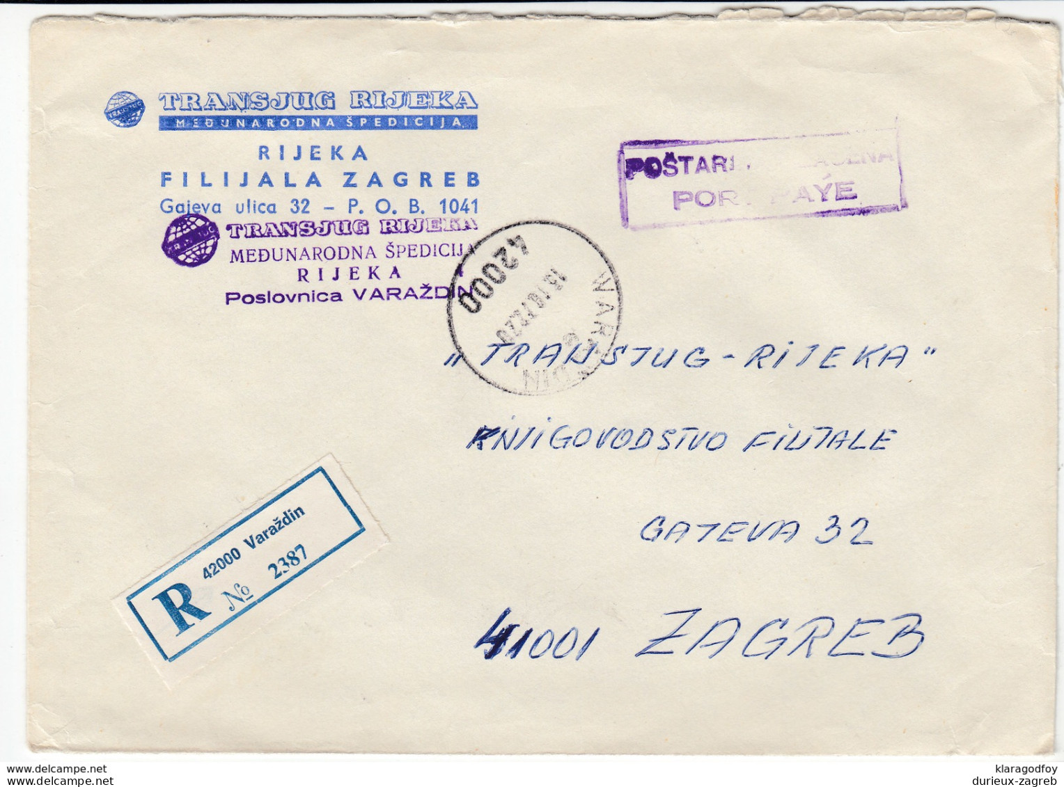 Transjug Rijeka Registered Company Letter Cover Travelled 1972 Varazdin To Zagreb Bb170312 - Lettres & Documents