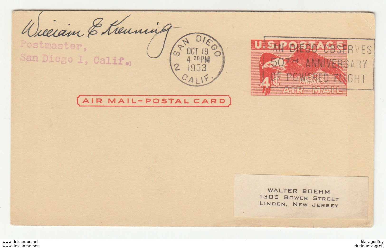 US, Postal Stationery Air Mail-postal Card Travelled 1953 San Diego Pmk B190201 - 1941-60